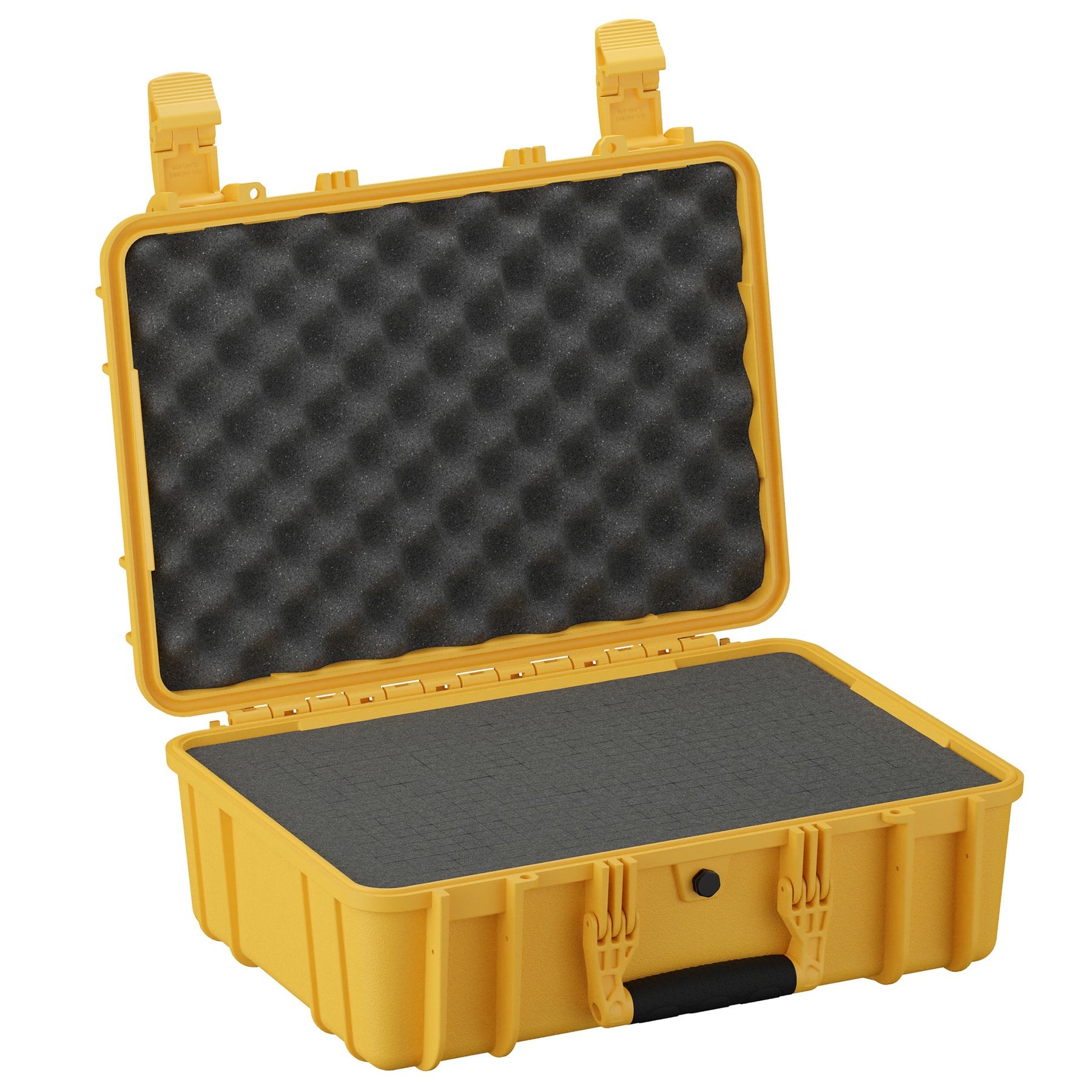 Open yellow 18" medium case with foam padding inside, designed for protective storage and transport of equipment.