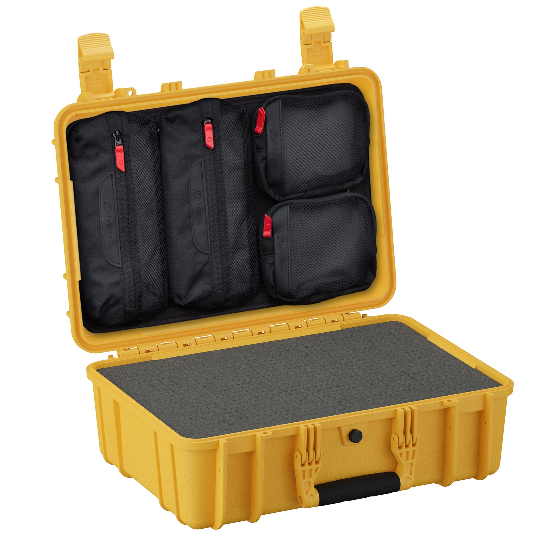 Yellow 18" medium case with black interior, multiple zippered compartments, and foam padding for protection.