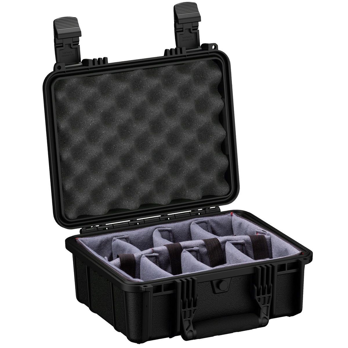 Black 14-inch medium protective case with foam padding and adjustable compartments for secure storage and transport.