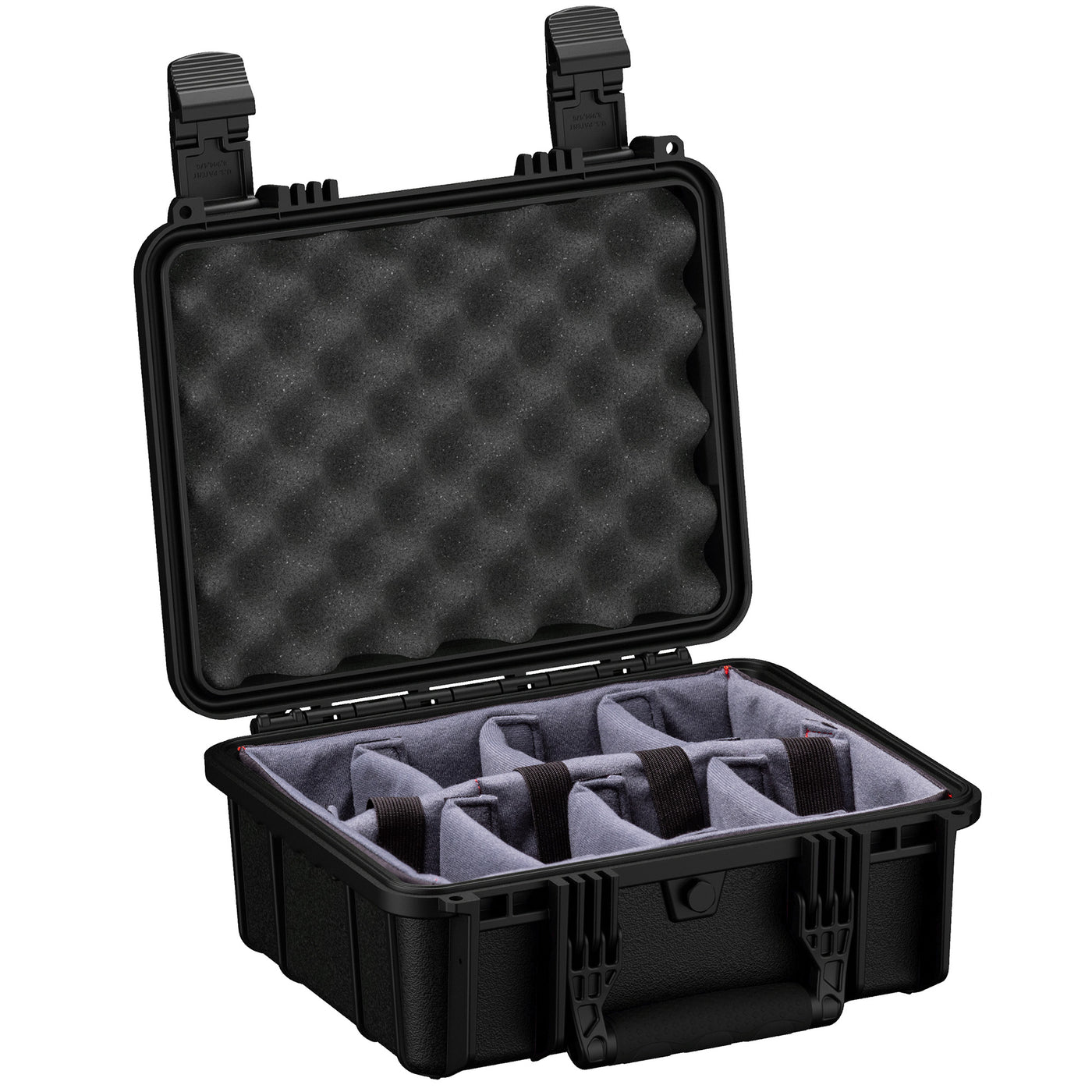 Black 14-inch medium protective case with foam padding and adjustable compartments for secure storage and transport.