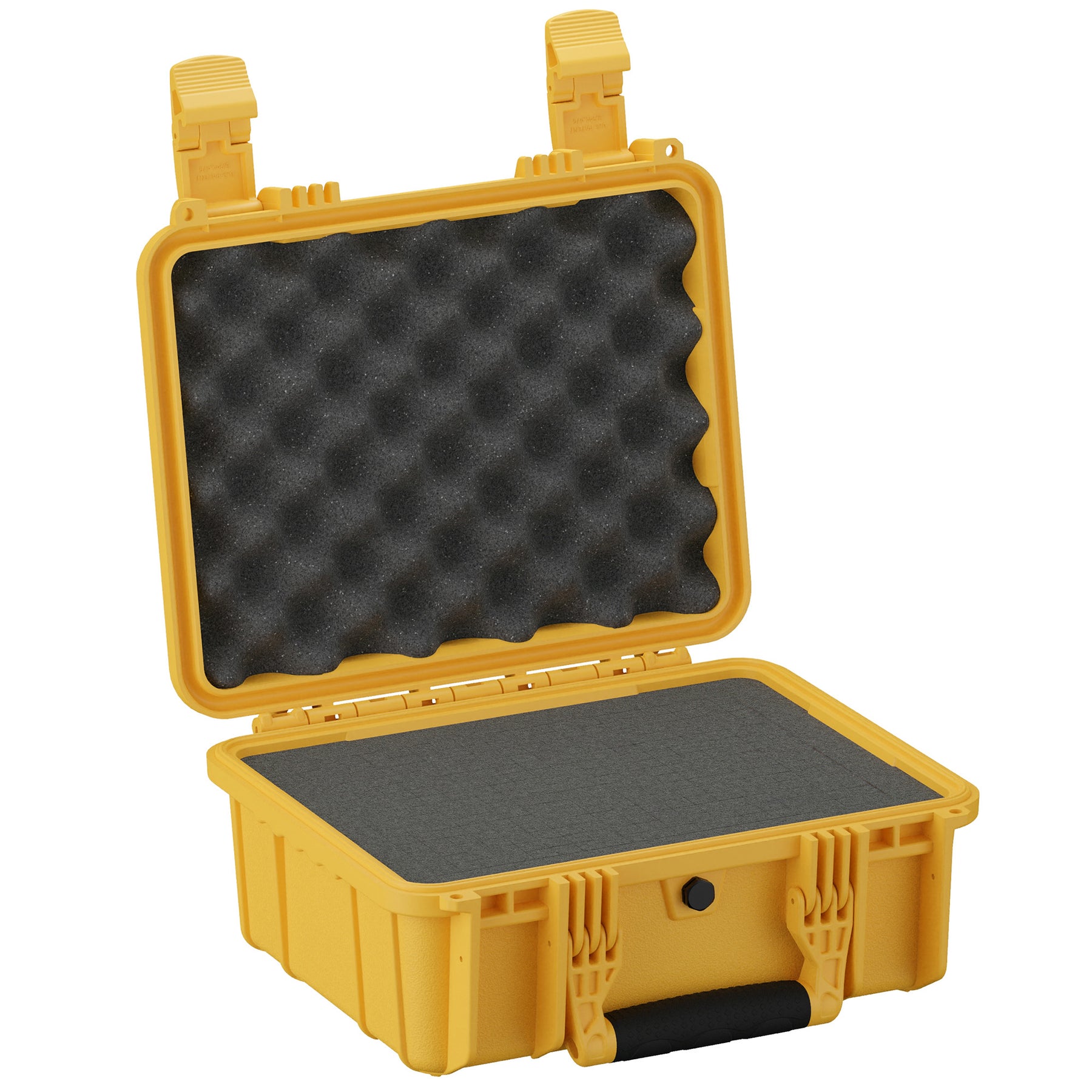 Yellow 14-inch medium protective case with foam padding, open lid, and black handle for secure transport.