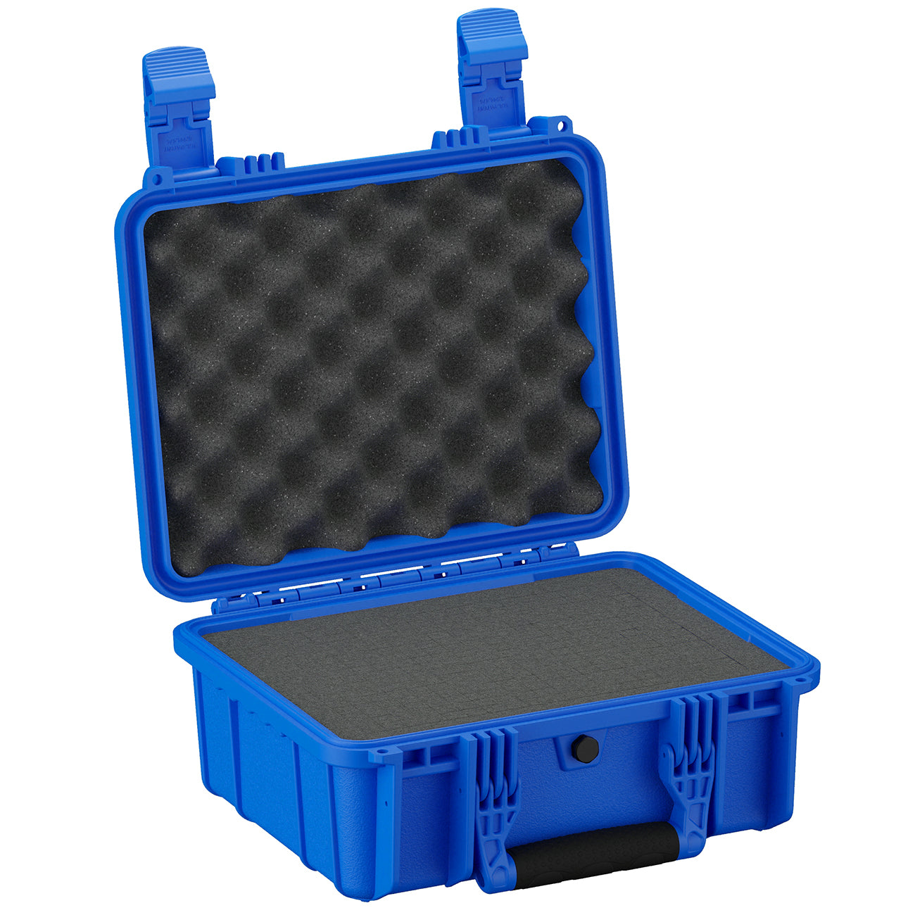 Blue 14-inch medium protective case with foam inserts, featuring secure latch closures and a durable handle, open view showing interior.