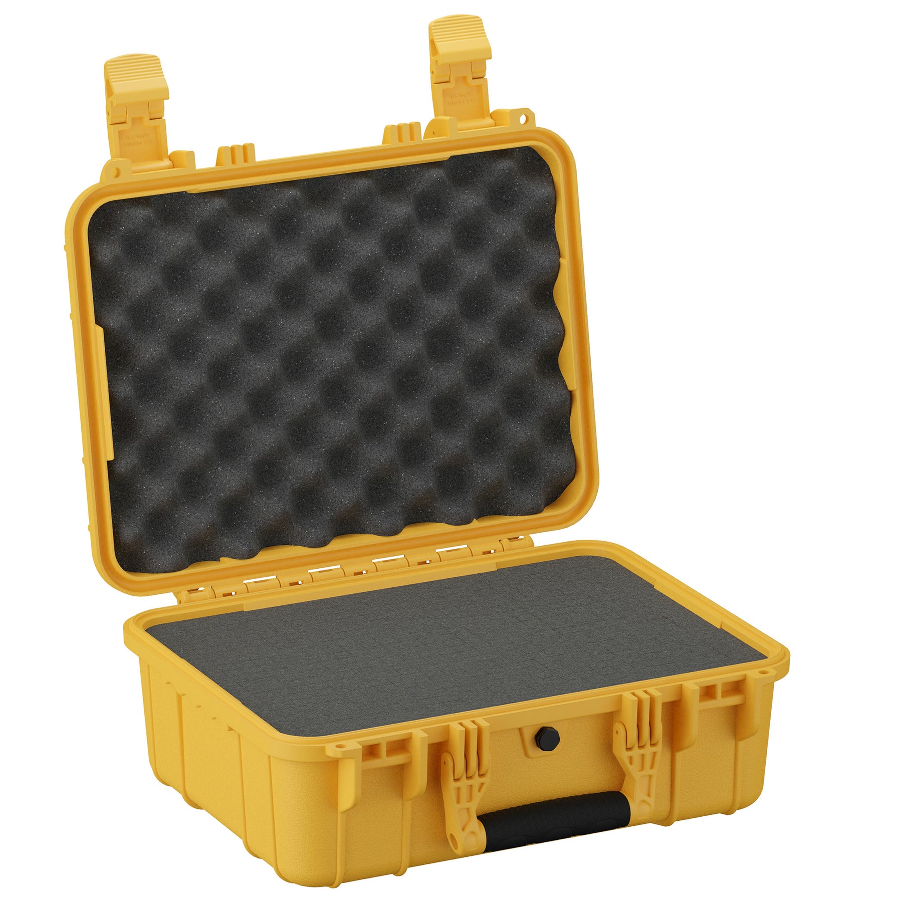 Yellow 16-inch medium protective case with foam padding and secure latches, ideal for storing and transporting equipment.