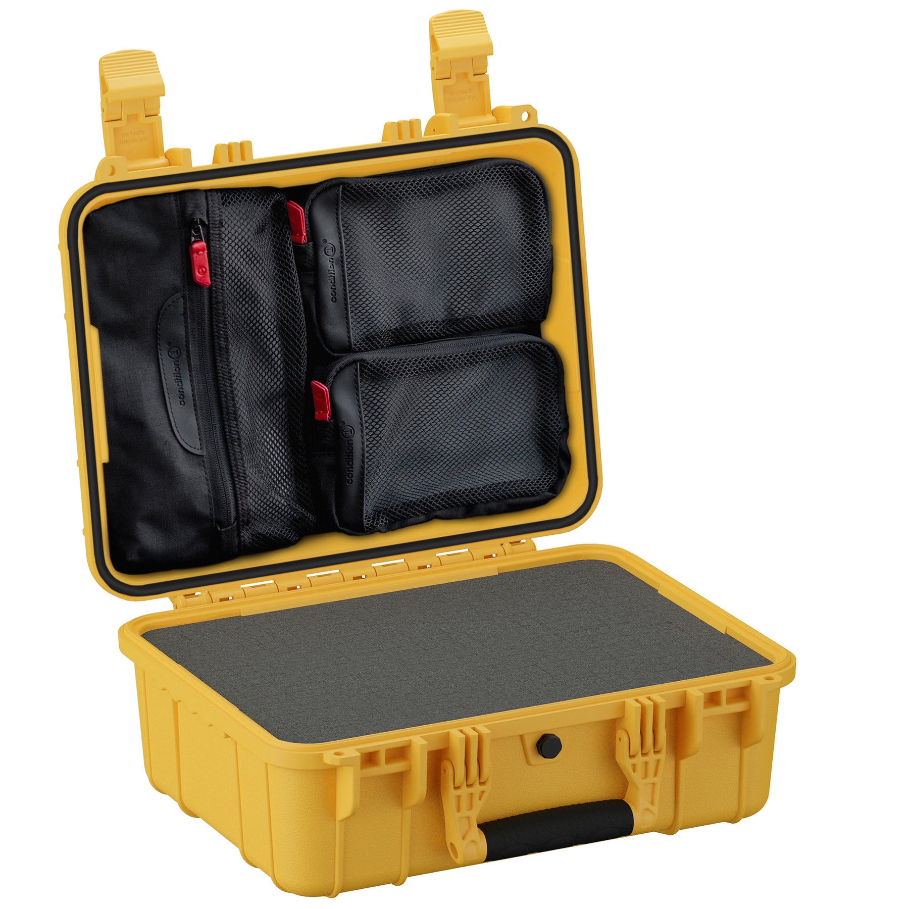 Yellow 16-inch medium protective case with black interior, foam padding, and multiple mesh storage compartments.