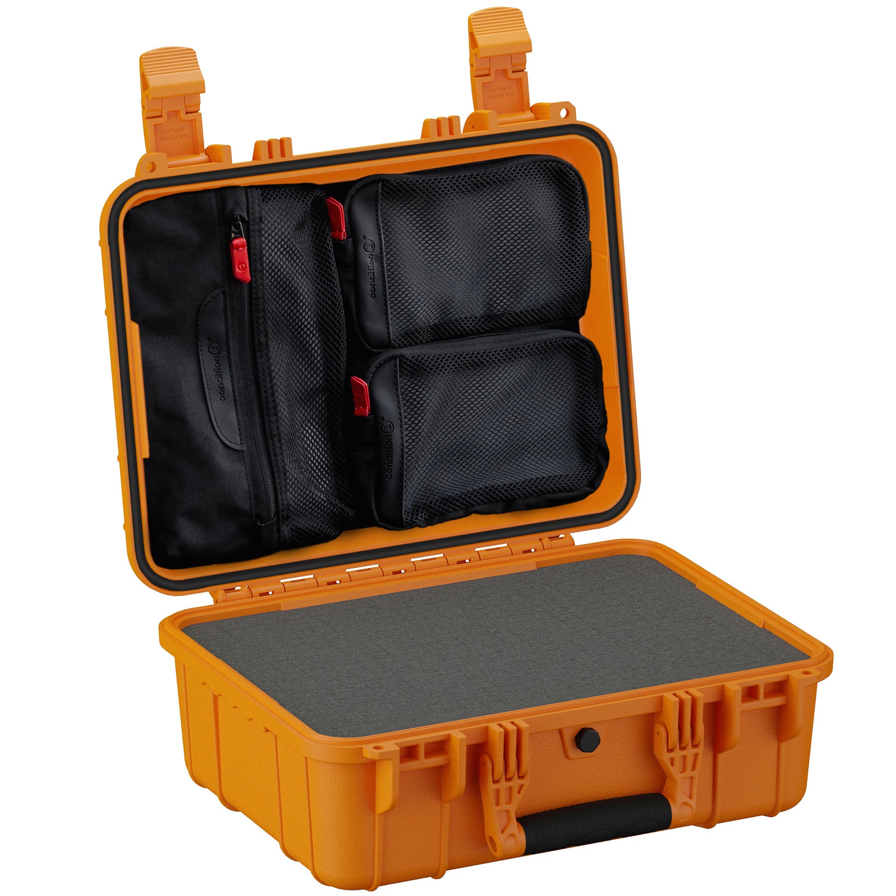 Alt text: "Open 16-inch medium protective case in bright orange, featuring durable exterior with dual latch system and a customizable foam interior. The lid has integrated black mesh organizer pouches with red zippers."