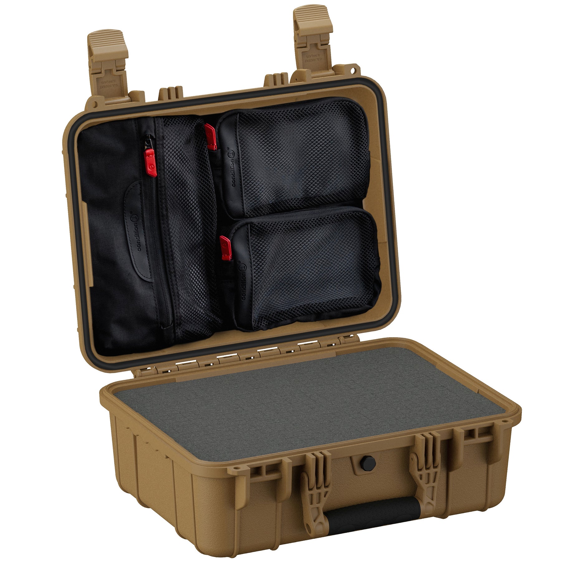 Alt text: "Open 16-inch medium protective case in tan color, featuring multiple black mesh organizer bags secured with red zippers mounted on the inner lid, and a foam-lined base for extra cushioning."