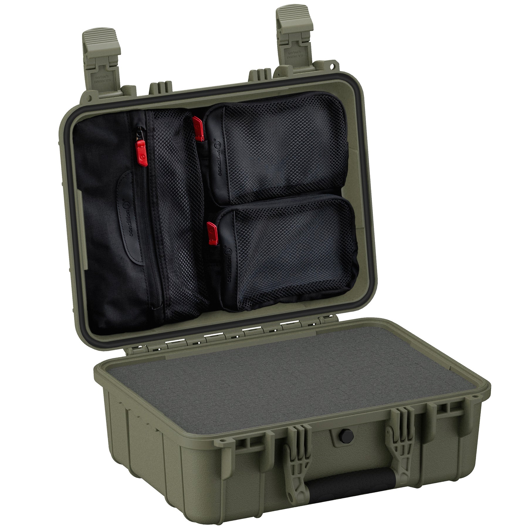Alt text: Olive green 16-inch medium hard case open to show internal organization, featuring multiple mesh pockets with red zippers mounted on the inside of the top lid, and a flat foam lined bottom.