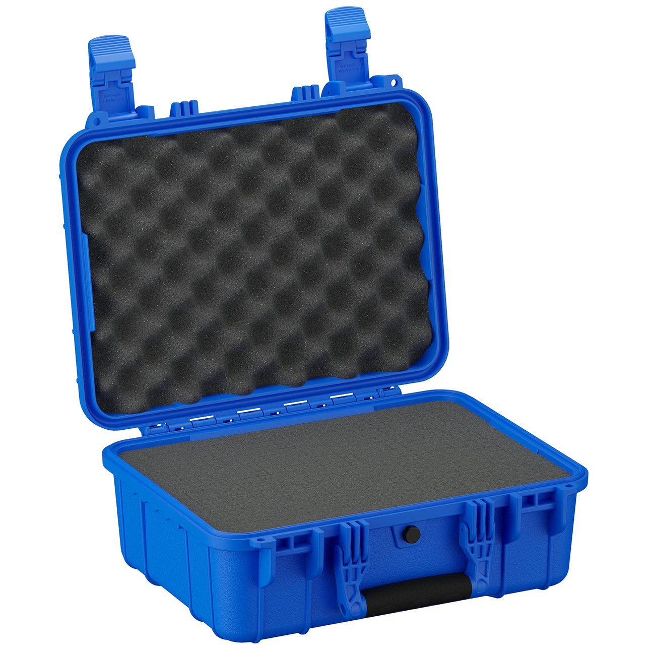 Alt text: "Blue protective hard case, size 16 inches, open to reveal interior lined with customizable foam padding. The case features robust latches and a carrying handle, designed to secure and protect sensitive equipment."