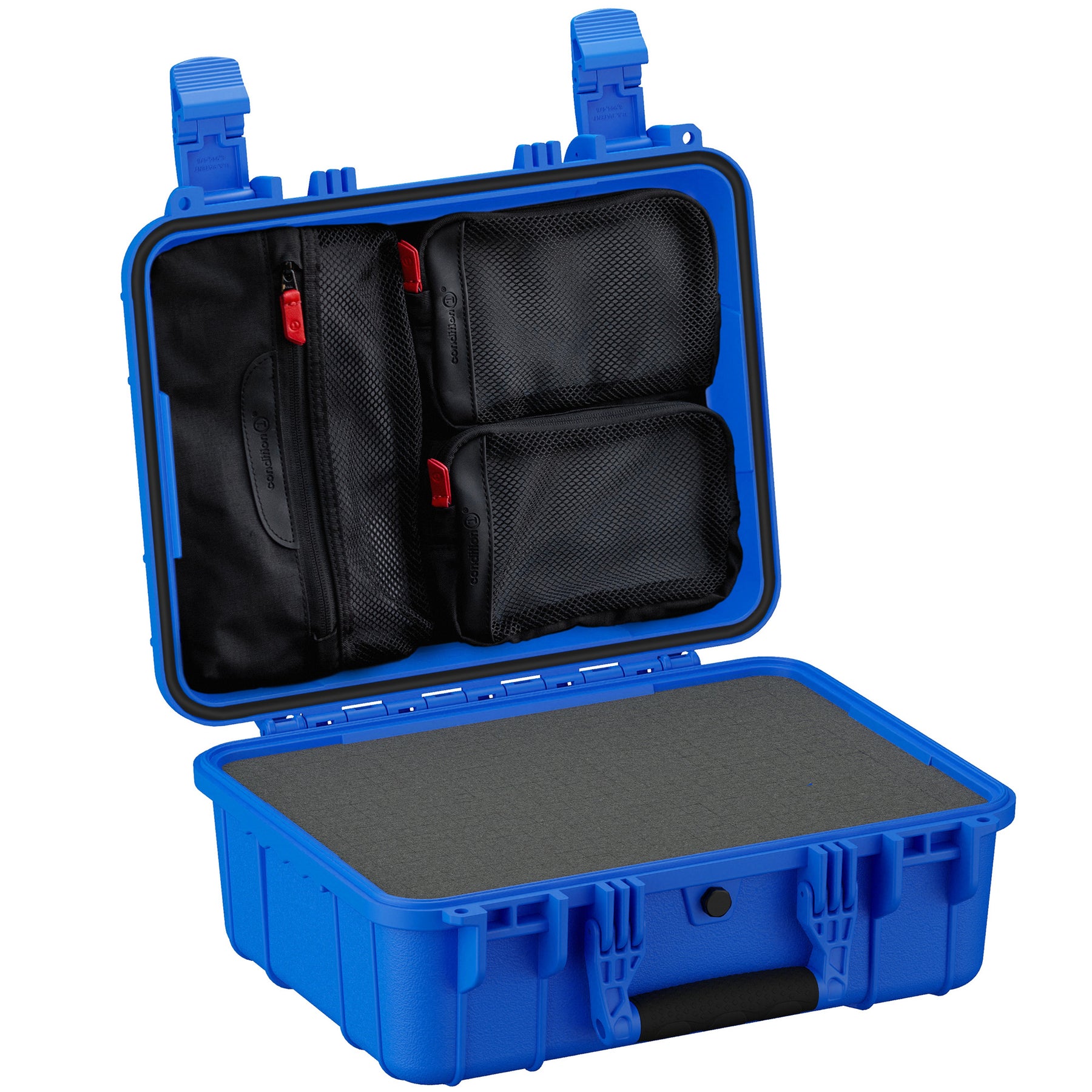 Blue medium-sized protective case with open lid displaying internal black mesh pouches and a customizable foam insert in the base, ideal for secure storage of sensitive equipment.