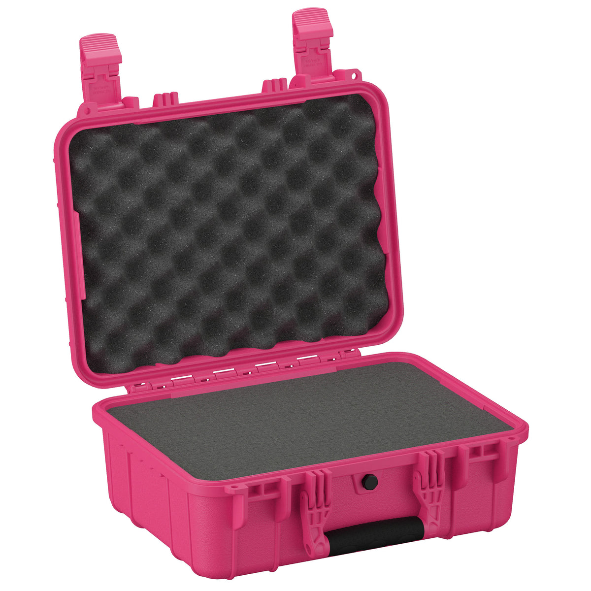 Alt text: Open pink protective hard case with foam interior, featuring durable latches and a carrying handle, model size 16 inches Medium Case #179.