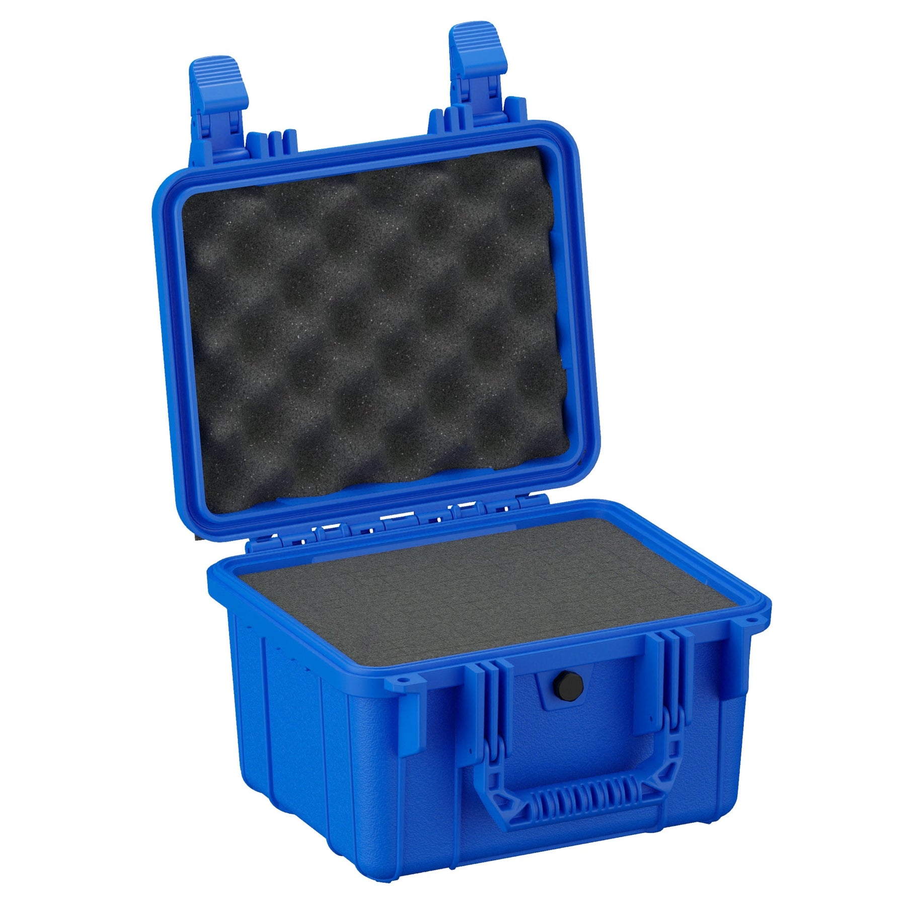 Alt text: Open 11-inch blue protective case with foam interior, featuring sturdy clasps and handle, ideal for sensitive equipment storage.