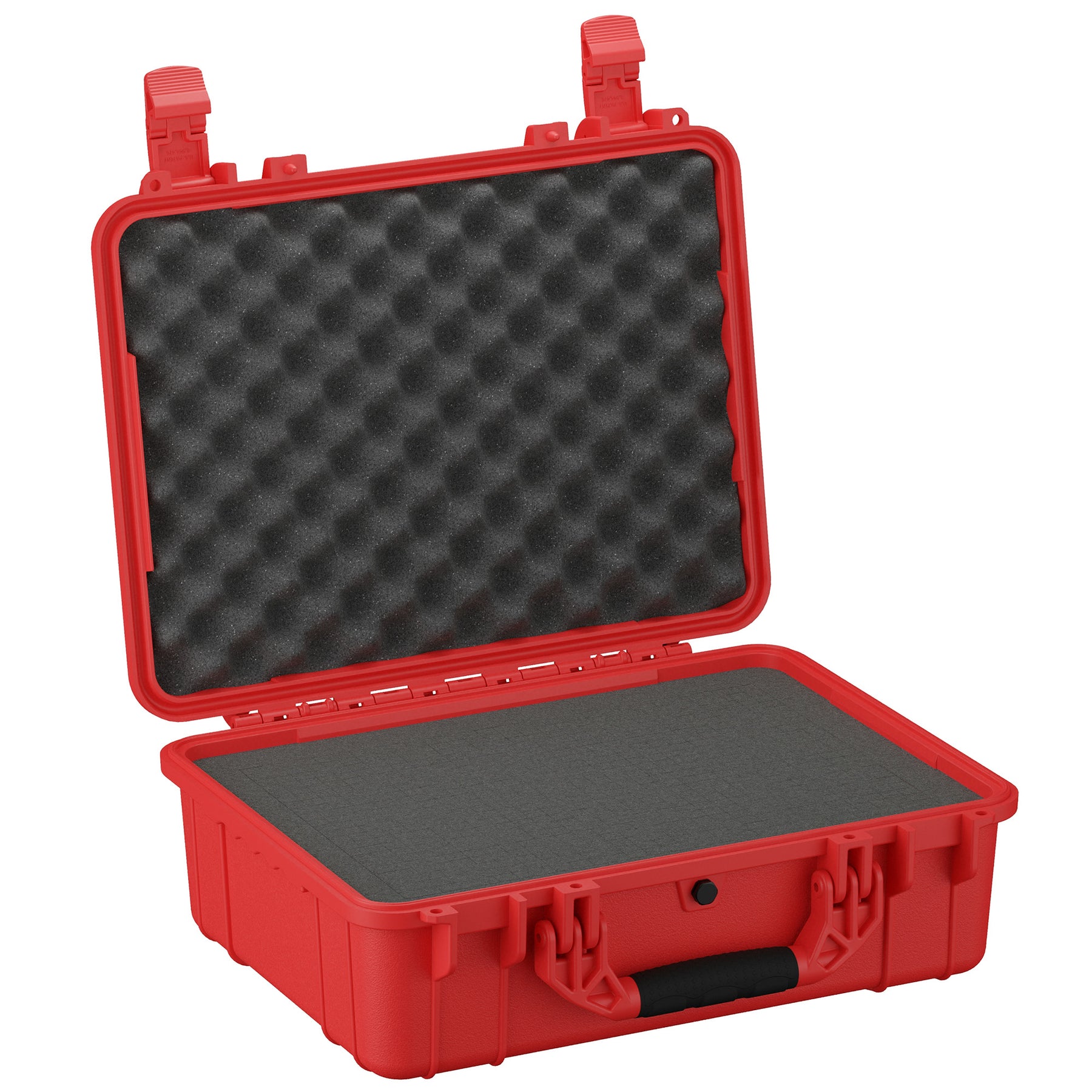 Red protective hard case, 20 inches, with foam interior, open view showing upper and lower compartments, secure latches visible.