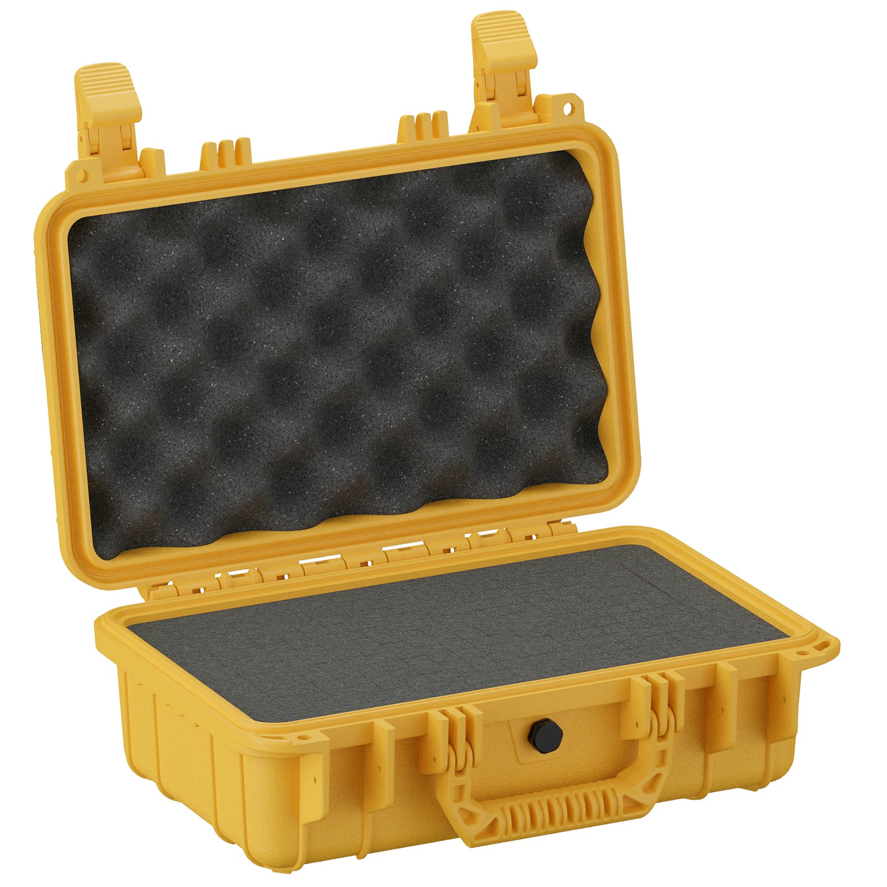 Yellow 13-inch small protective case with foam padding and secure latch, ideal for storing delicate equipment.