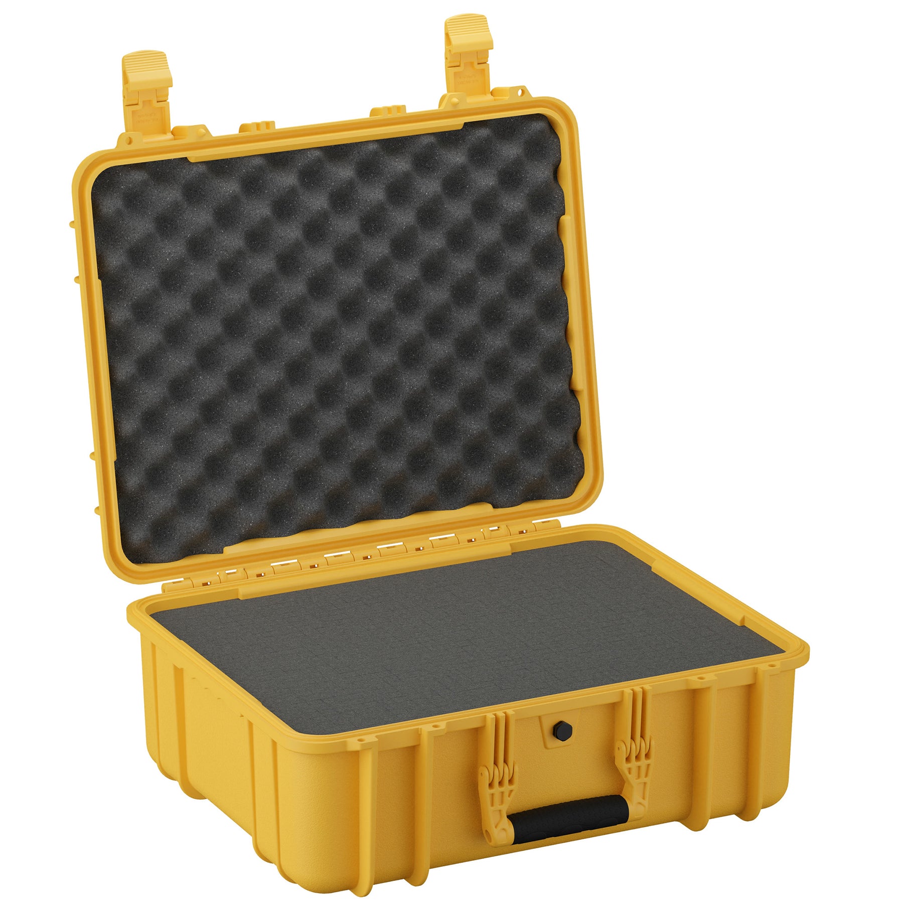 Yellow 20-inch large protective case with foam padding, open lid, and secure latches for storage and transport.
