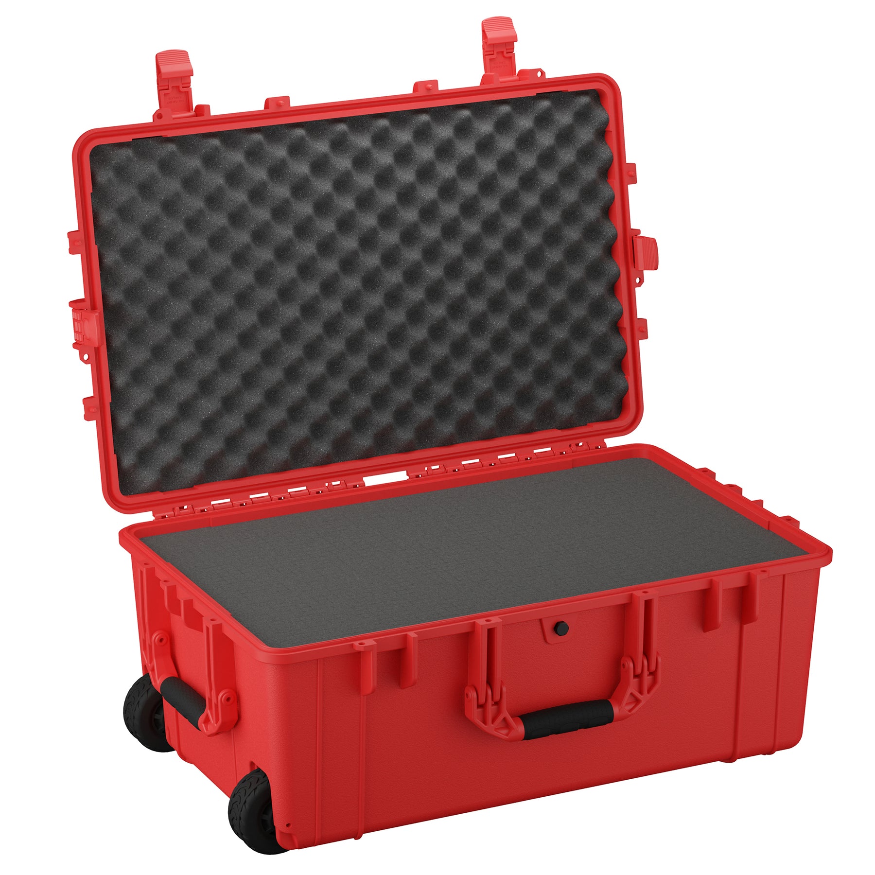 Red 31-inch large hard case with wheels and reinforced corners, open to show foam-lined interior, secure latches on sides, and handles for mobility.