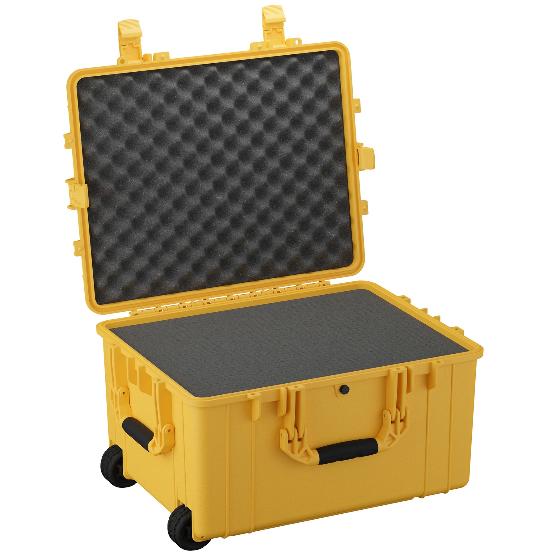 Yellow 25-inch large protective case with foam padding, wheels, and secure latches, ideal for durable storage and transport.