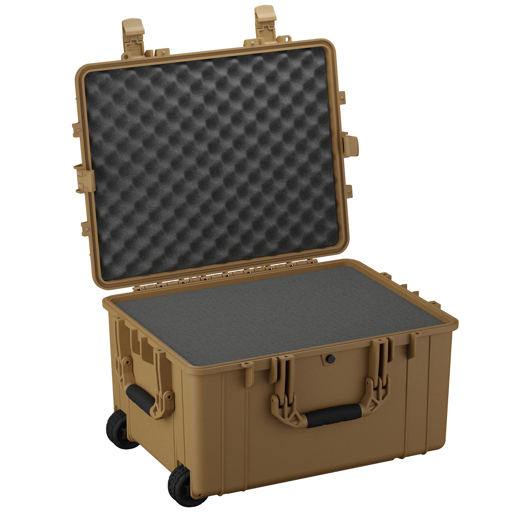 Alt text: "Large 25-inch protective hard case in tan color with open lid, featuring a foam-lined interior for shock absorption, robust dual side latches, and a handle, equipped with durable wheels for mobility, ideal for secure equipment storage and
