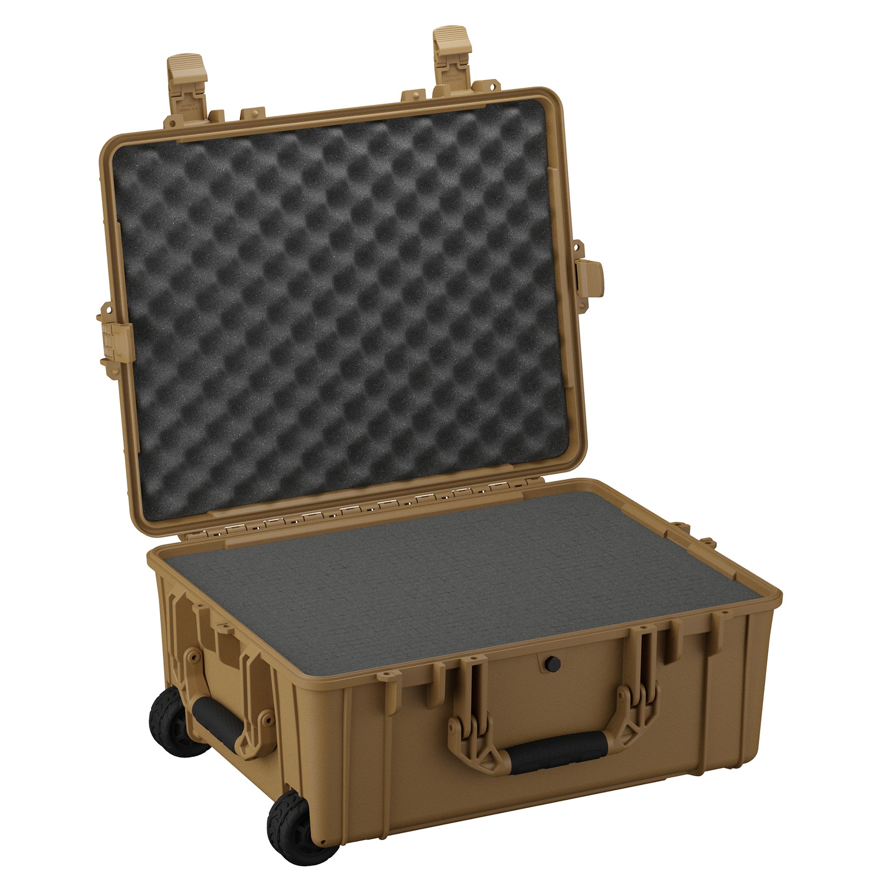 Alt text: "Open 25-inch large protective case in tan with durable foam inside, dual sturdy latches, and retractable handle with wheels for mobility, showcased with foam padding on top and bottom for equipment safety."