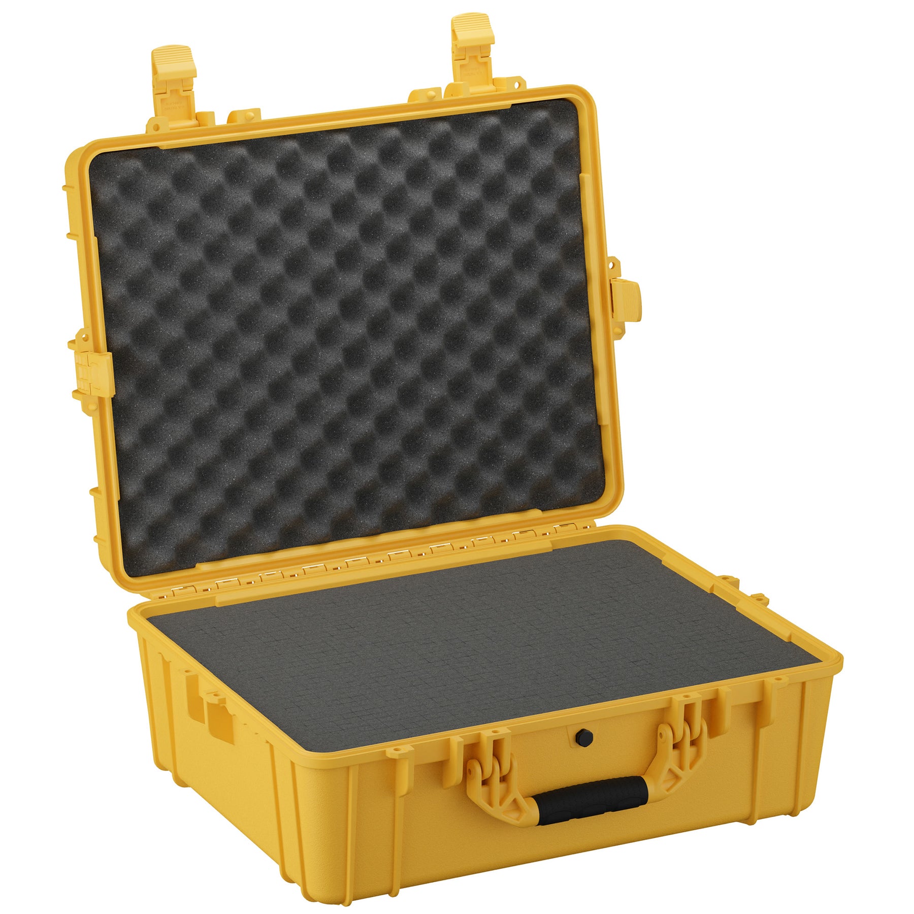 Yellow 25-inch large protective case with foam padding, open lid showing interior storage for equipment or valuables.