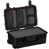 Black 22-inch large protective case with wheels and dual handles, displayed open with a lid organizer featuring multiple zippered mesh pockets.