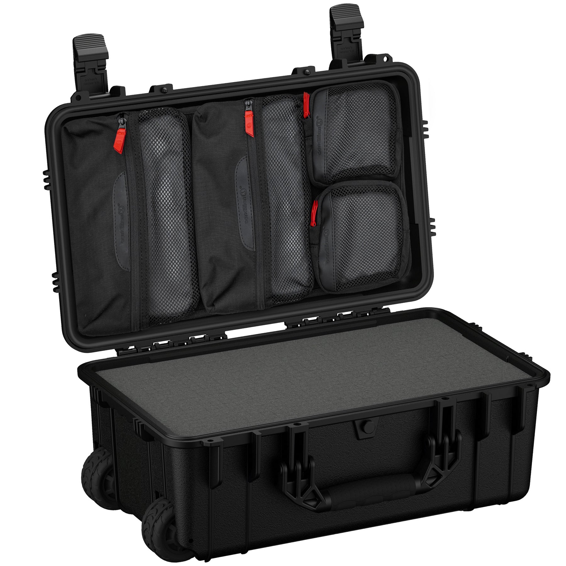 Black 22-inch large case with wheels, interior foam padding, and multiple zippered compartments for storage and transport.
