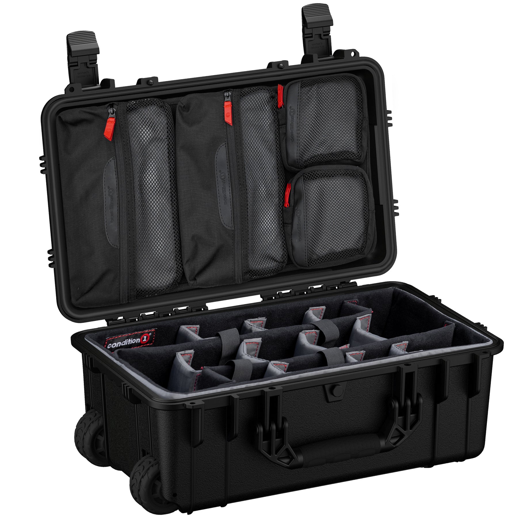 Large black 22" case with wheels, interior foam compartments, and a top organizer with zippered mesh pockets for storage.