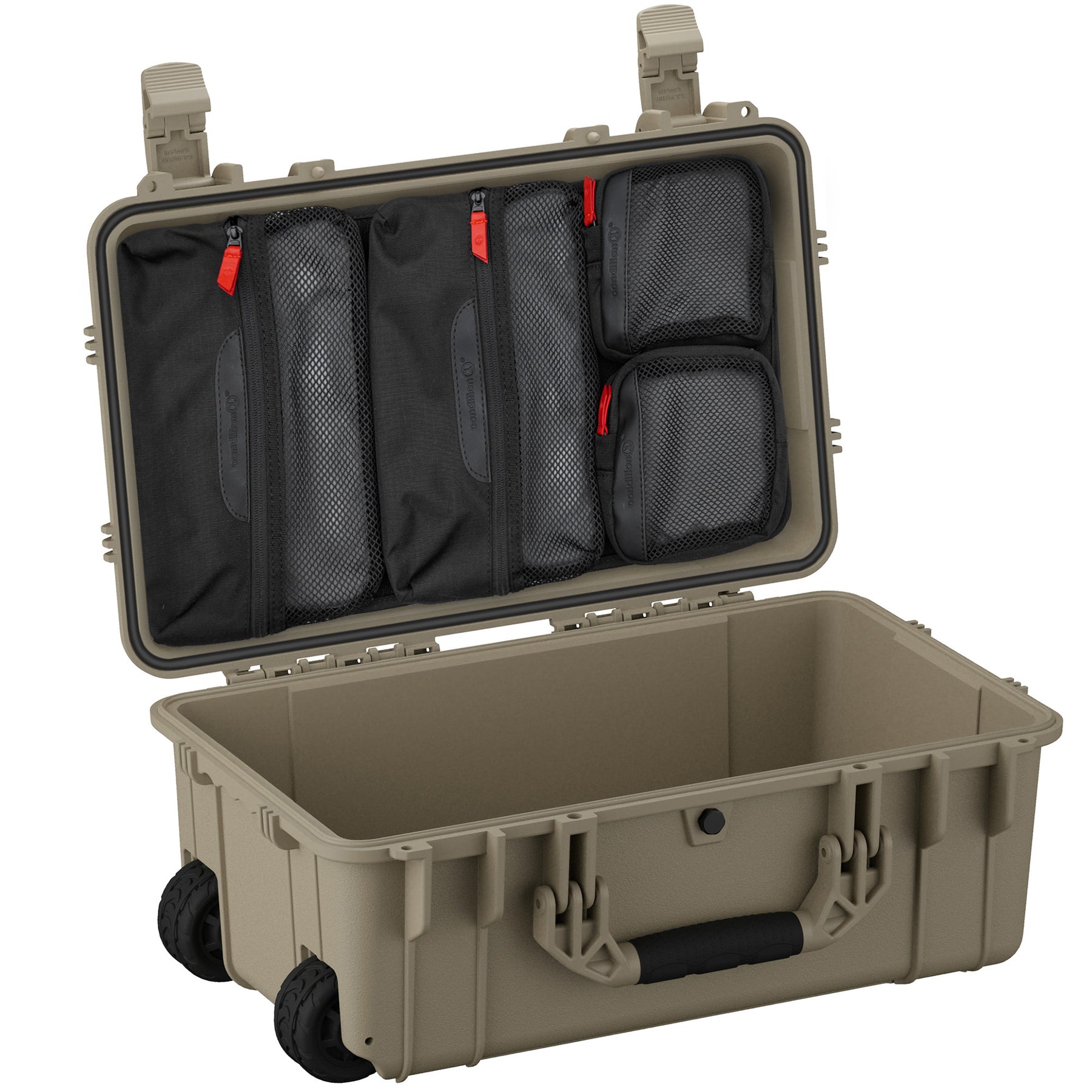 Open 22-inch large beige protective case with black interior compartments and mesh zipper pouches for organized storage.