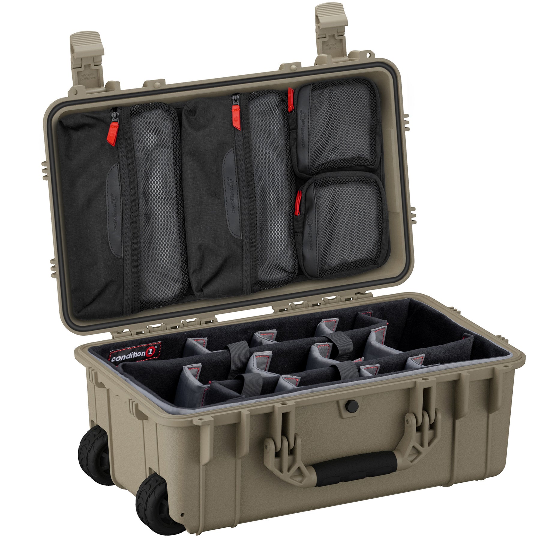 Open 22" large tan protective case with interior compartments, mesh pouches, and adjustable dividers for organization.