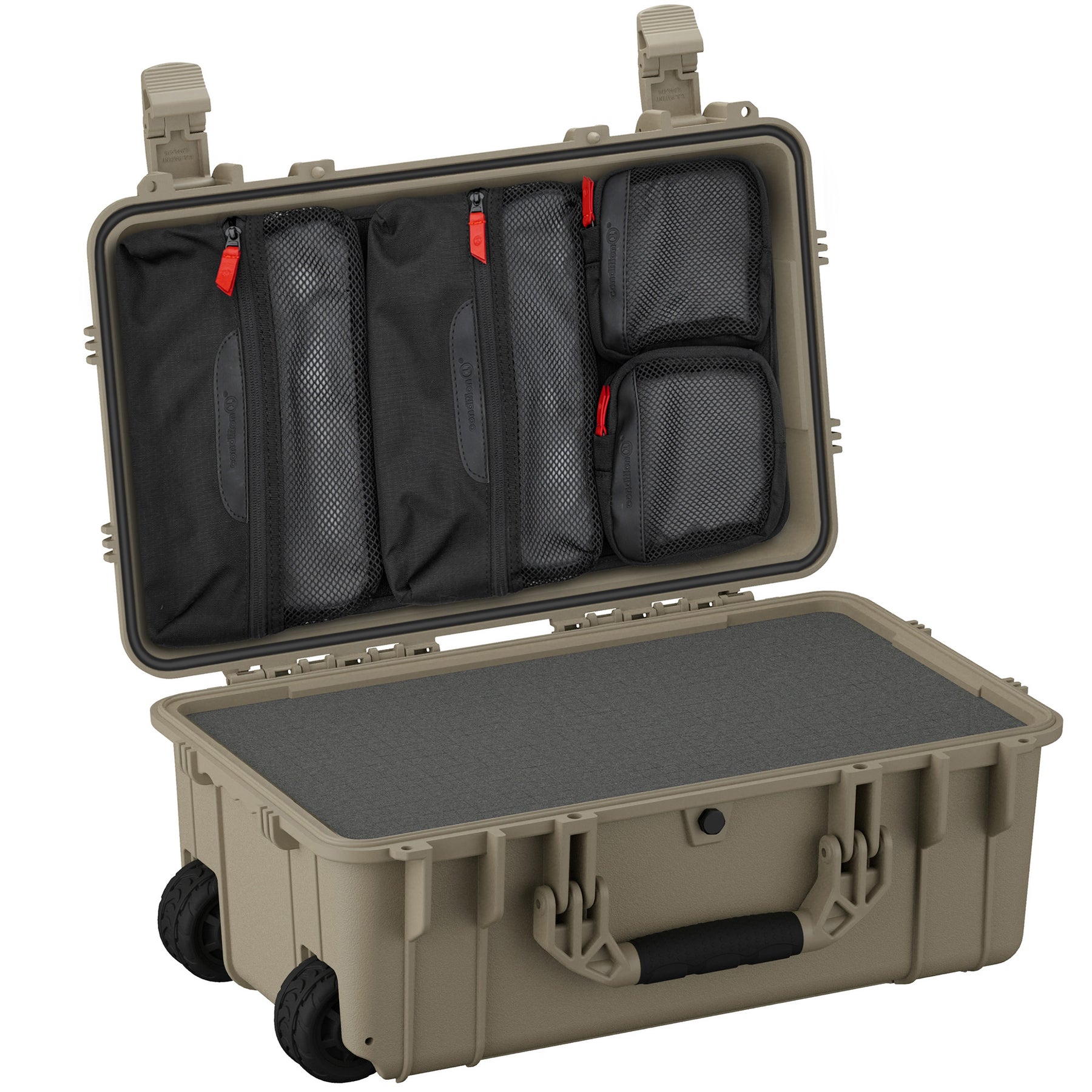 Open 22" large tan protective case with interior foam padding and multiple black zippered mesh storage pouches inside.