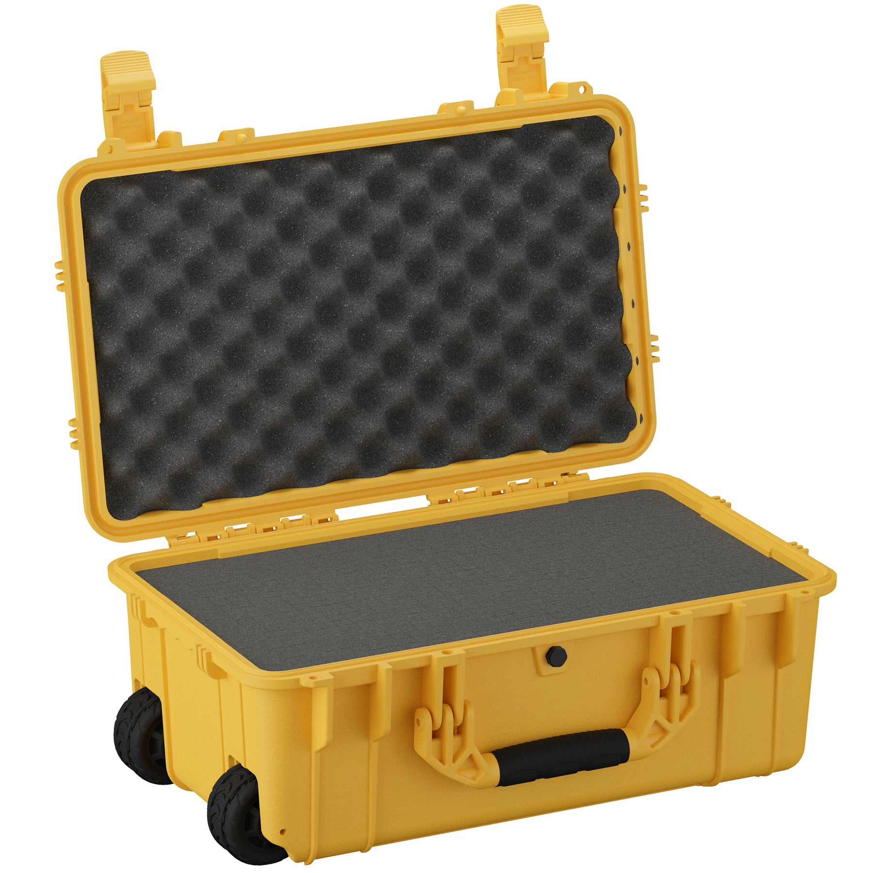 Yellow 22-inch large protective case with foam padding, wheels, and a handle, ideal for secure storage and transport.