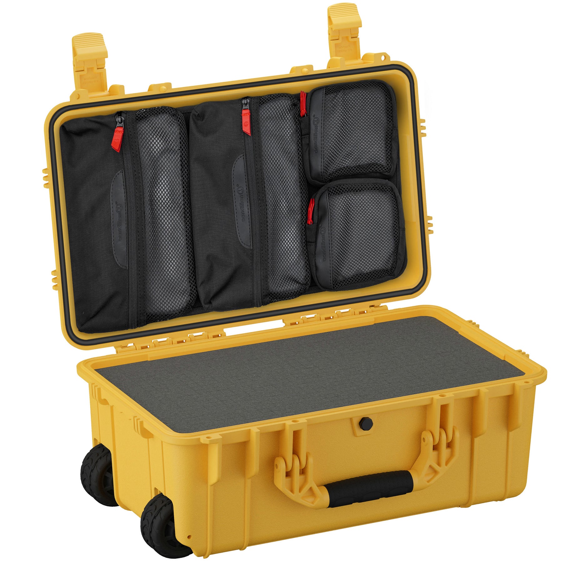 Yellow 22-inch large case with interior foam padding and multiple black zippered mesh compartments for storage.