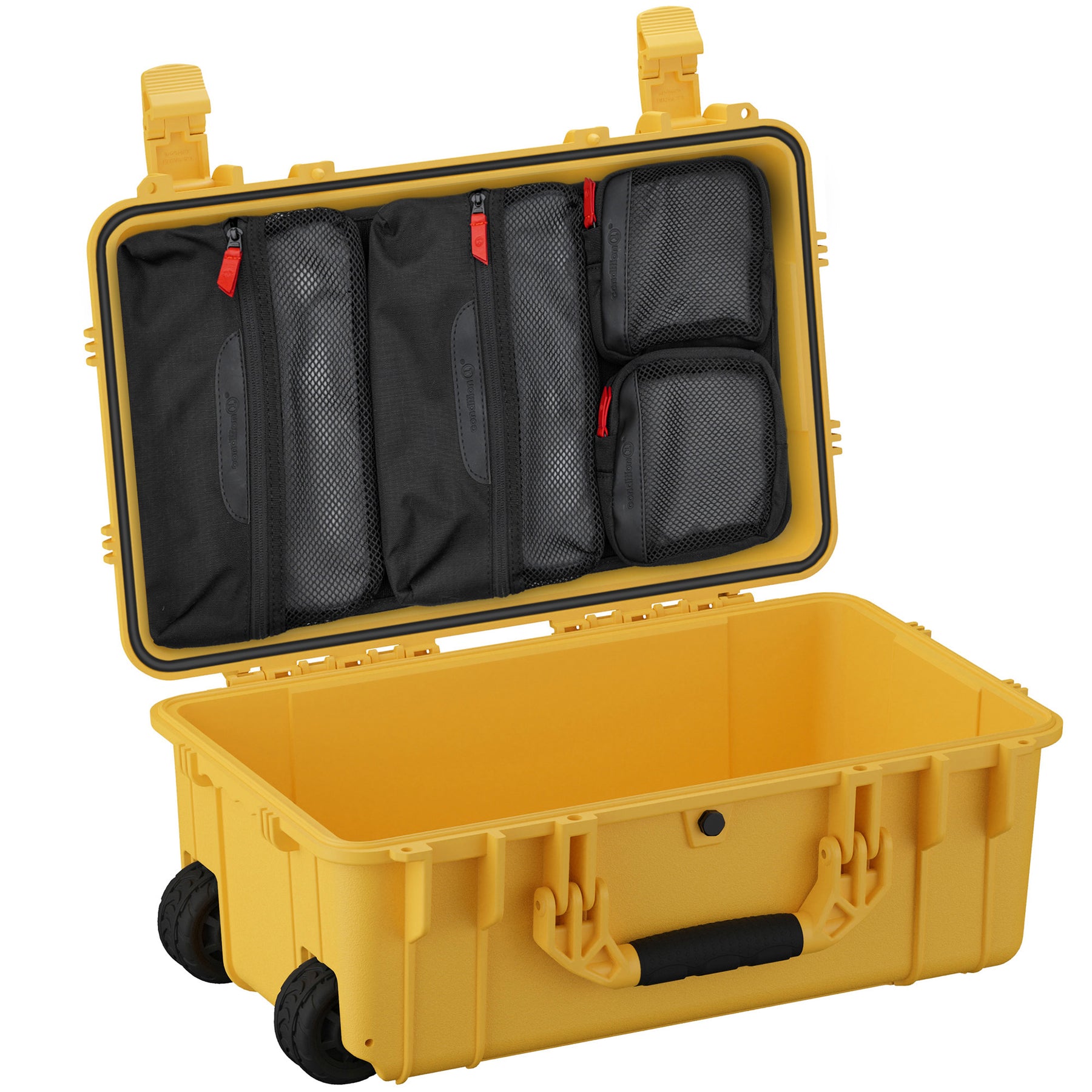 Yellow 22-inch large protective case with black interior, wheels, and a zippered compartment organizer inside.