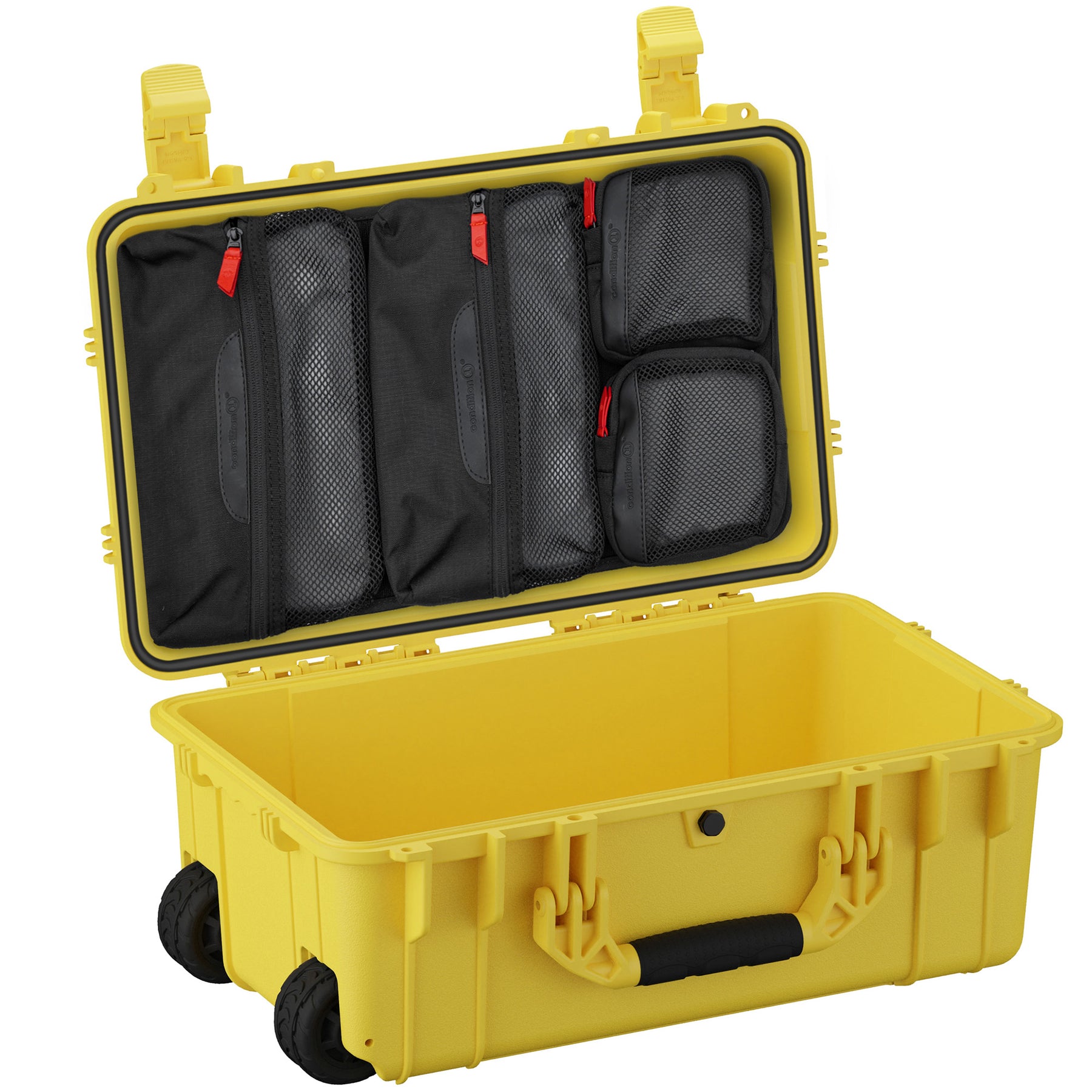 Alt text: "Open 22-inch large yellow protective case with lid organizer featuring multiple zippered mesh pockets displayed, positioned above the empty case showing robust handles and wheels for mobility."