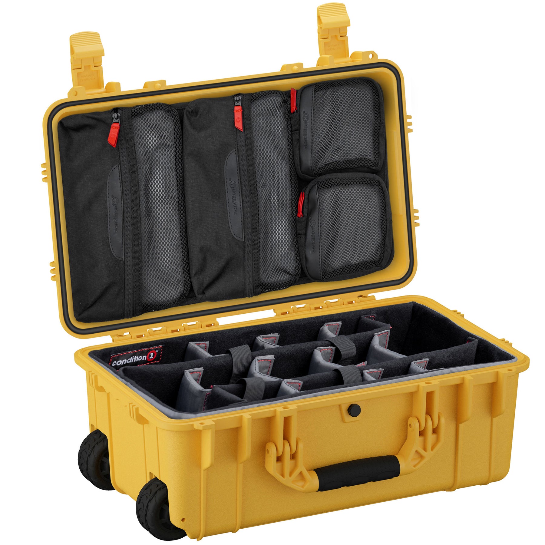 Yellow 22-inch large protective case with wheels, interior foam padding, and multiple zippered compartments for storage.