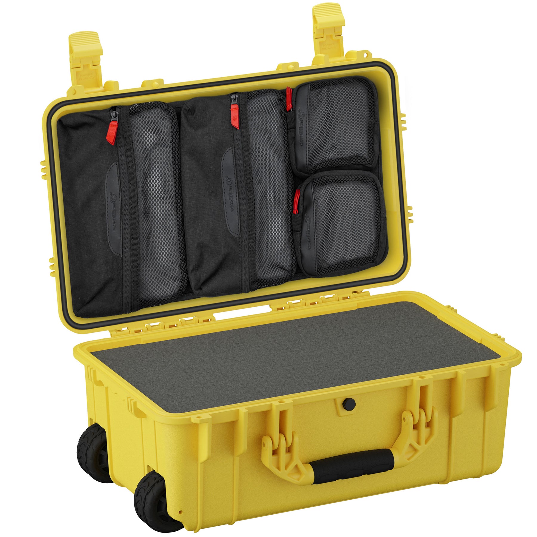 Alt text: "Yellow 22-inch large protective case with lid organizer showing multiple zippered compartments and foam lining, supported by durable wheels and a sturdy handle for mobility."