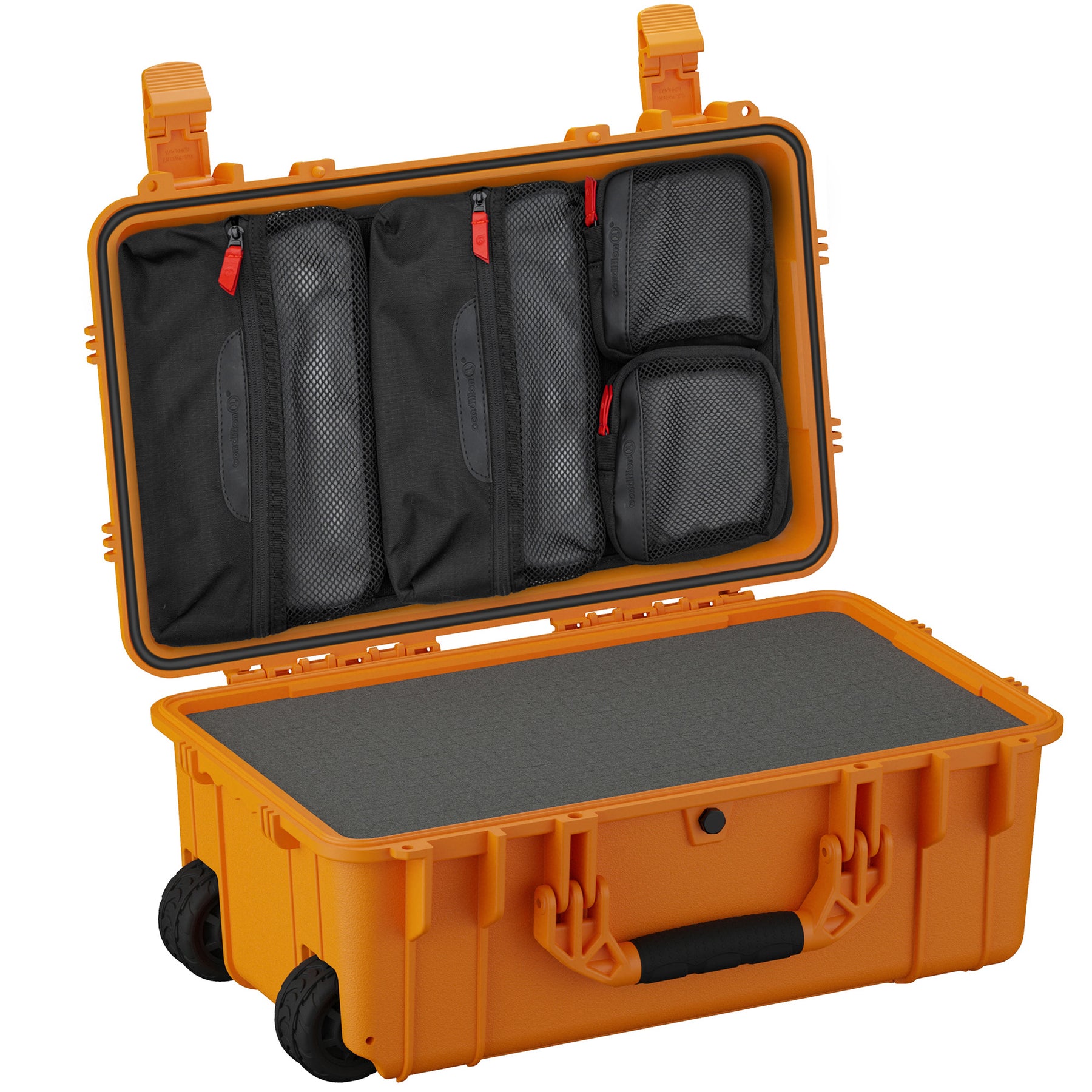 Orange 22-inch large protective case with interior foam padding and multiple zippered mesh compartments for organization.