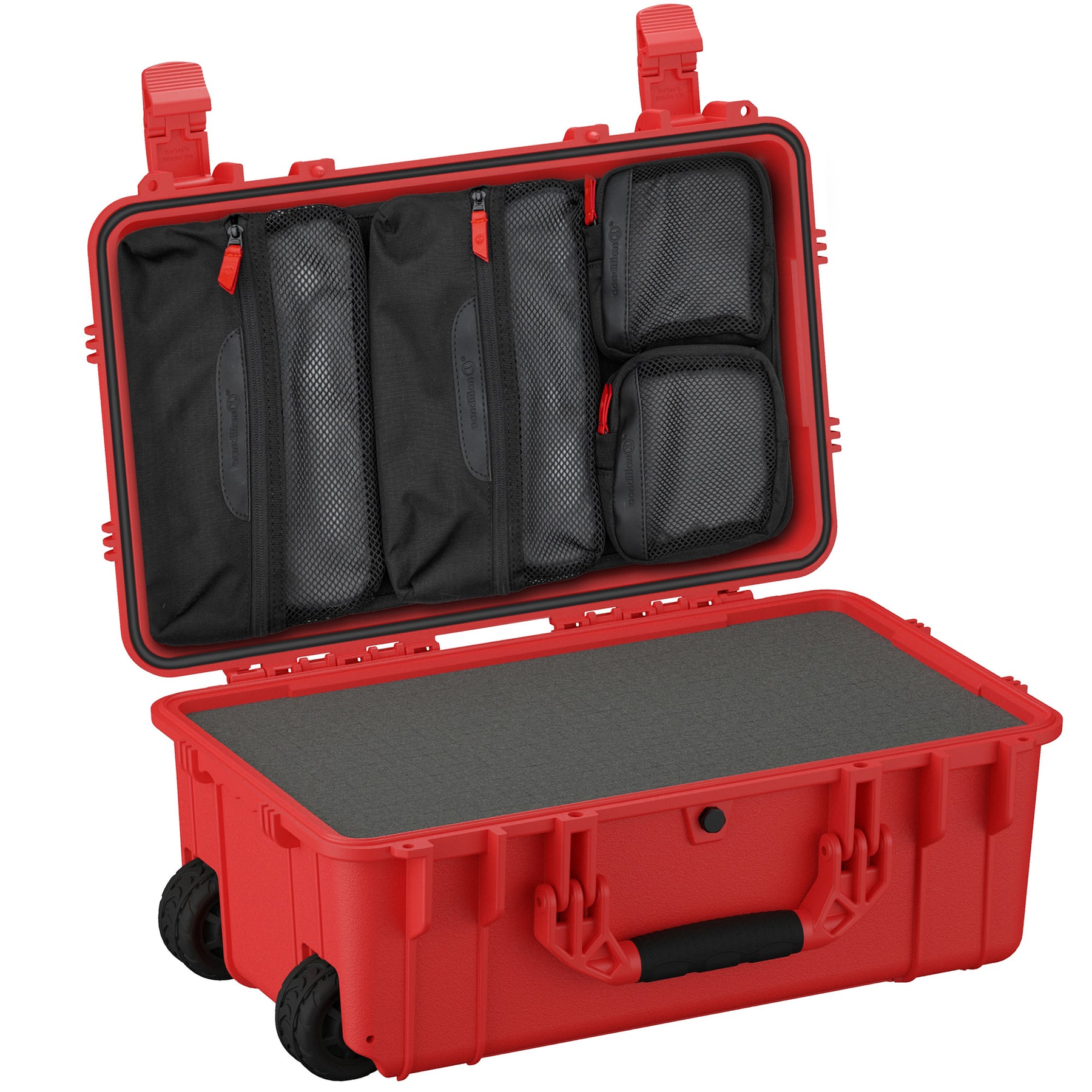 Red 22-inch large case with interior compartments and mesh pockets, designed for secure storage and transport.
