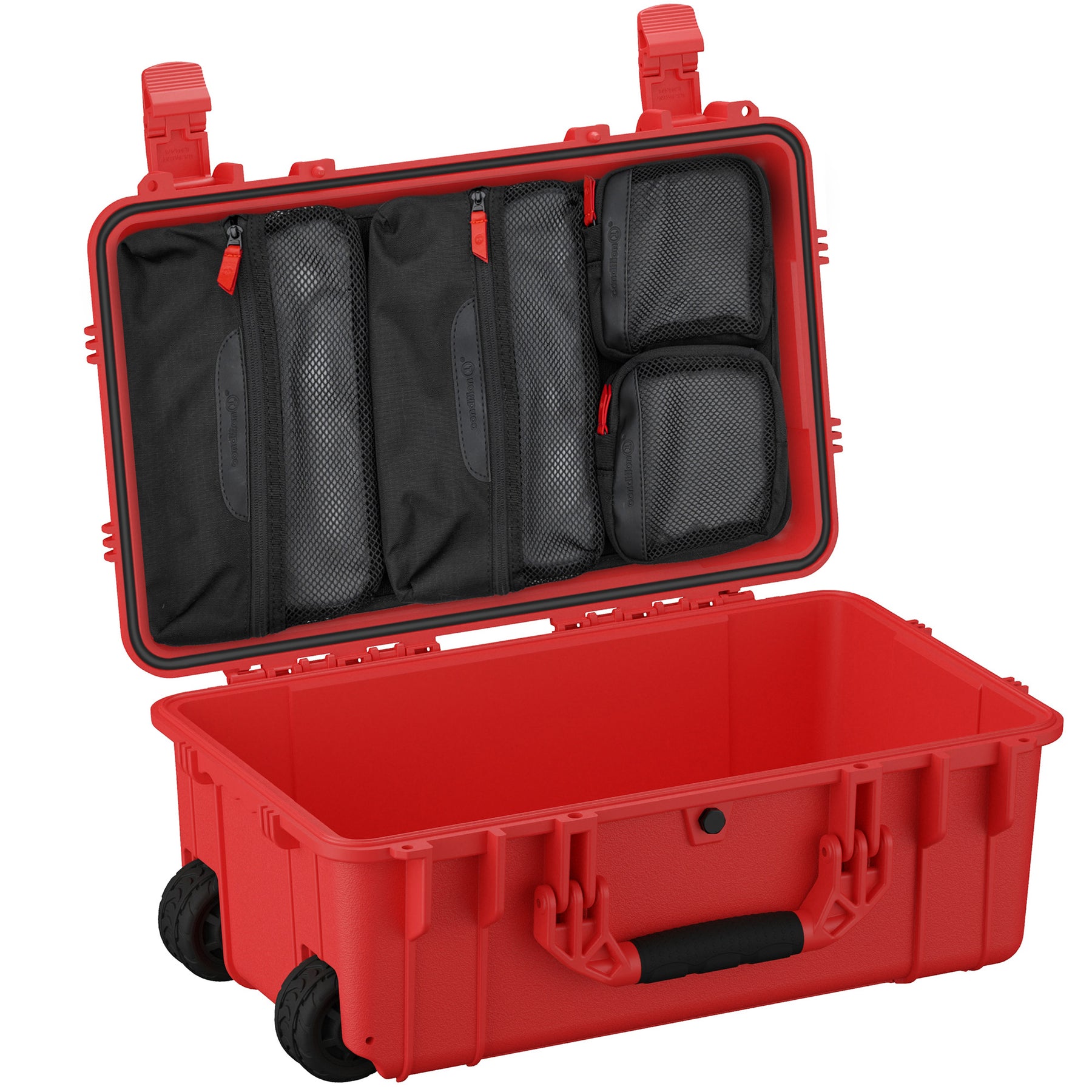 Red 22-inch large case with black interior, equipped with multiple zippered compartments and four wheels for easy transport.