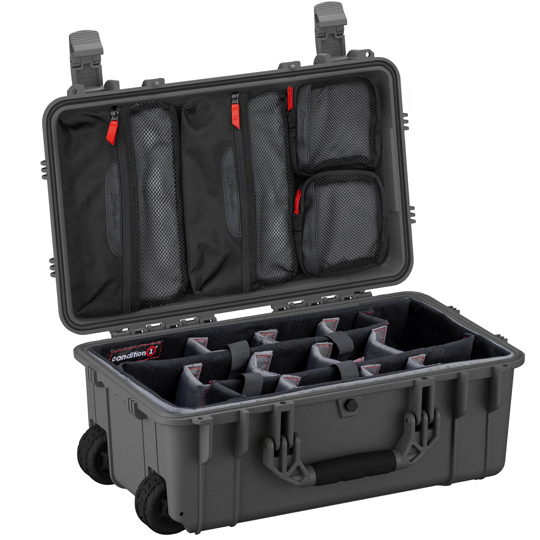 Open 22" large black protective case with foam compartments inside and organized zippered mesh pouches on the lid.