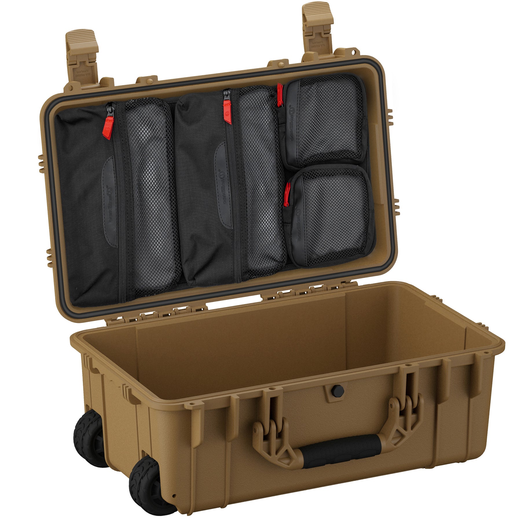 Hard tan 22-inch large case with interior compartments and black mesh zippered pouches, on wheels for easy transport.
