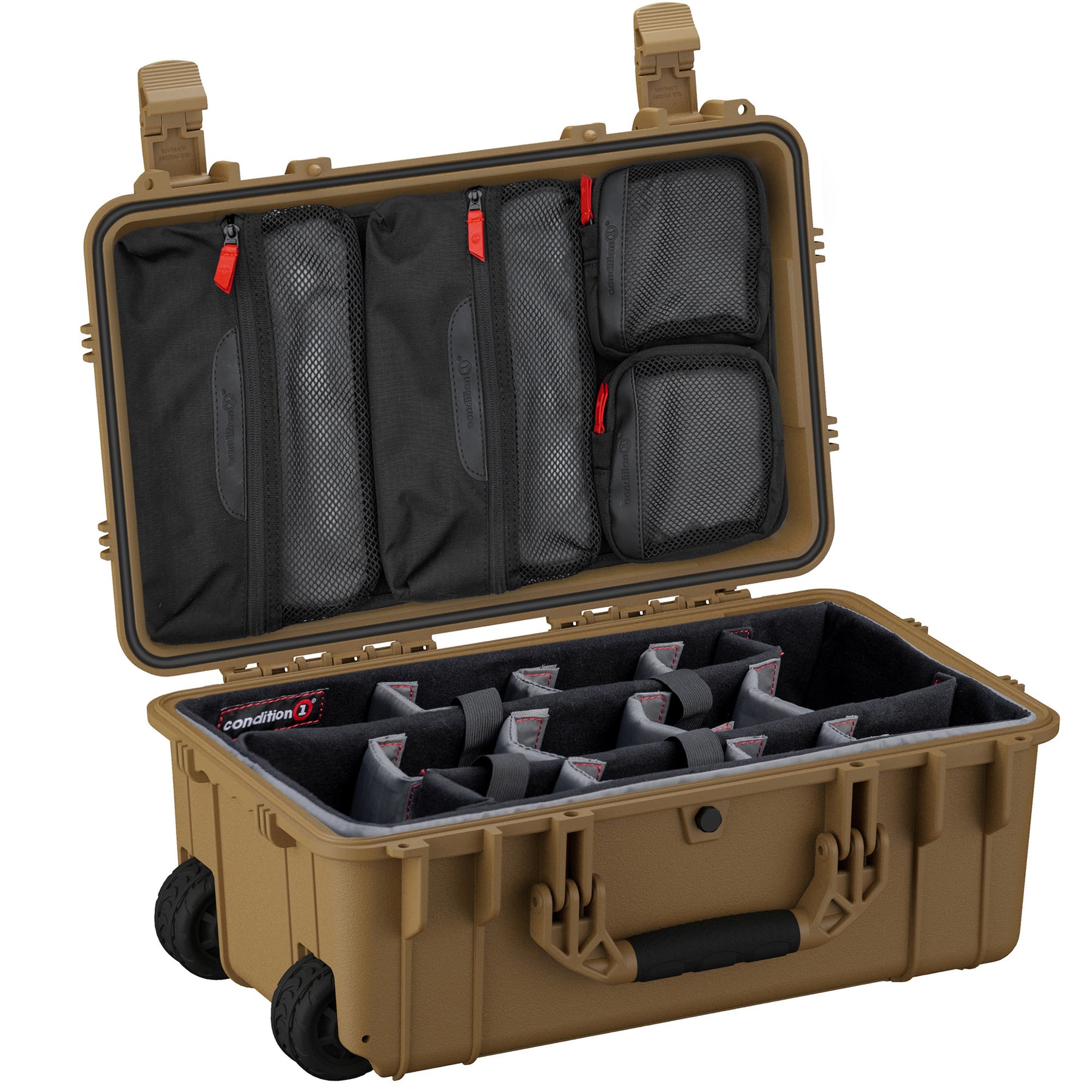 A tan 22-inch large hard case with wheels, open to reveal padded interior compartments and mesh zipper pockets for storage.