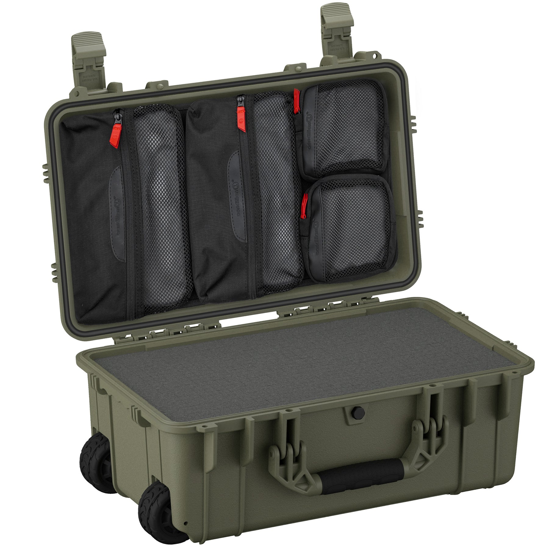 Green 22" large protective case with wheels, open to show multiple black zippered storage pouches inside.