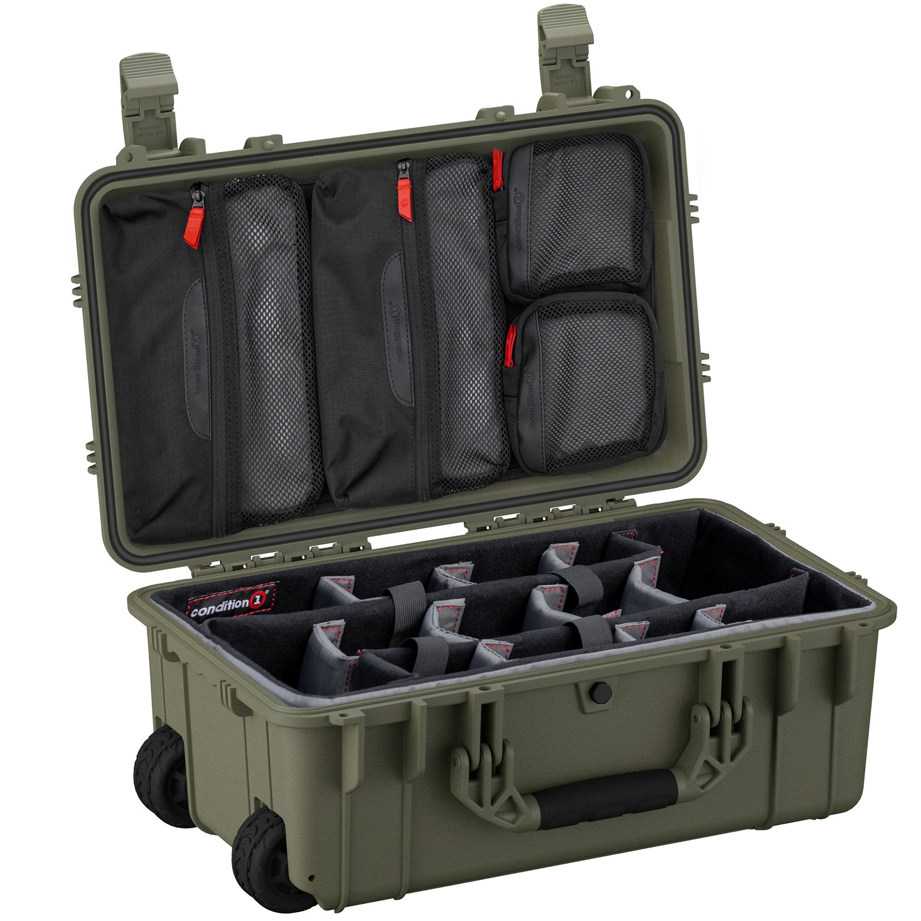 Green 22-inch large protective case with interior foam compartments and mesh zippered storage pouches for organization.