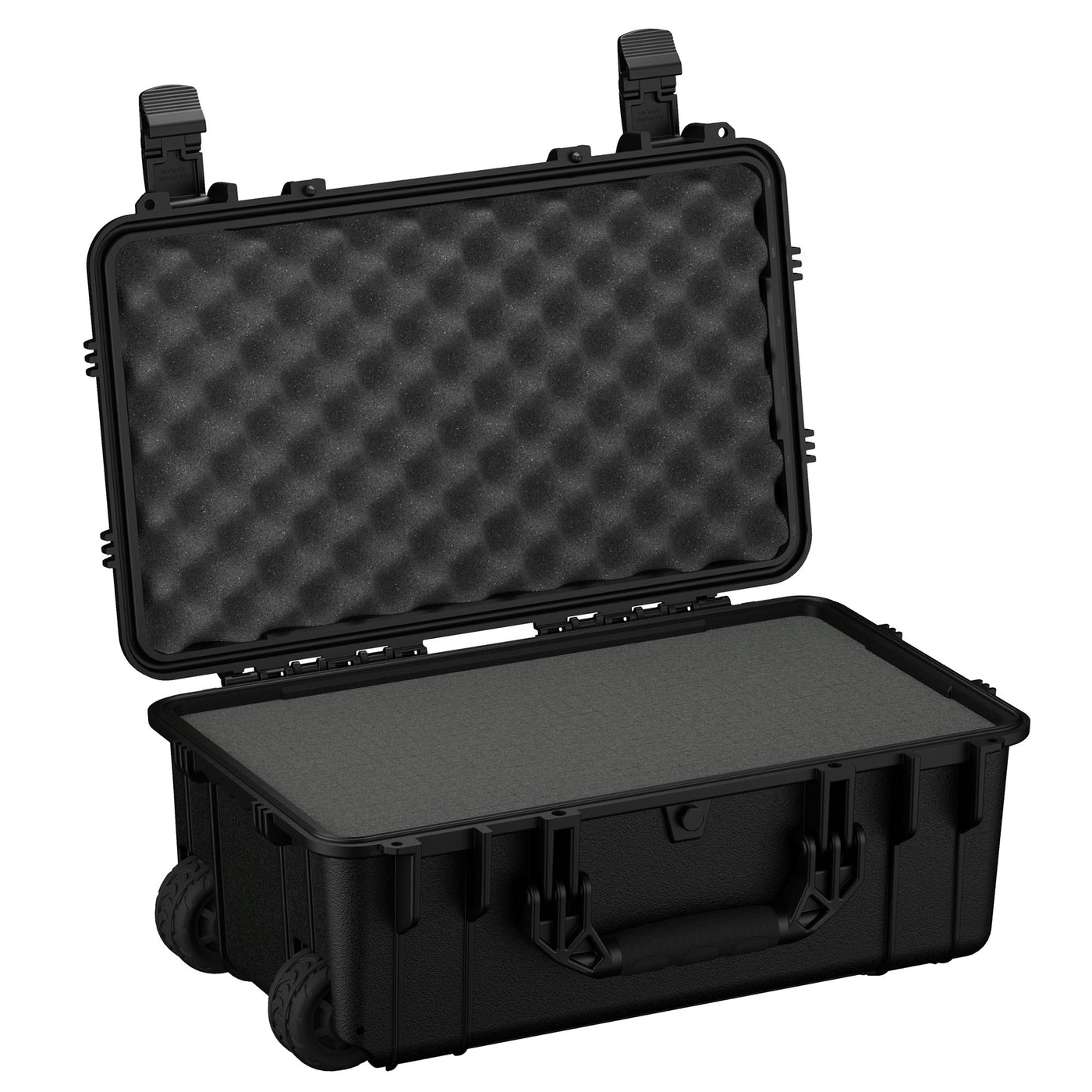 Large 22-inch hard case with a textured interior, open to show ample storage space, designed for protection during transport.