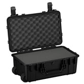 Large 22-inch hard case with a textured interior, open to show ample storage space, designed for protection during transport.
