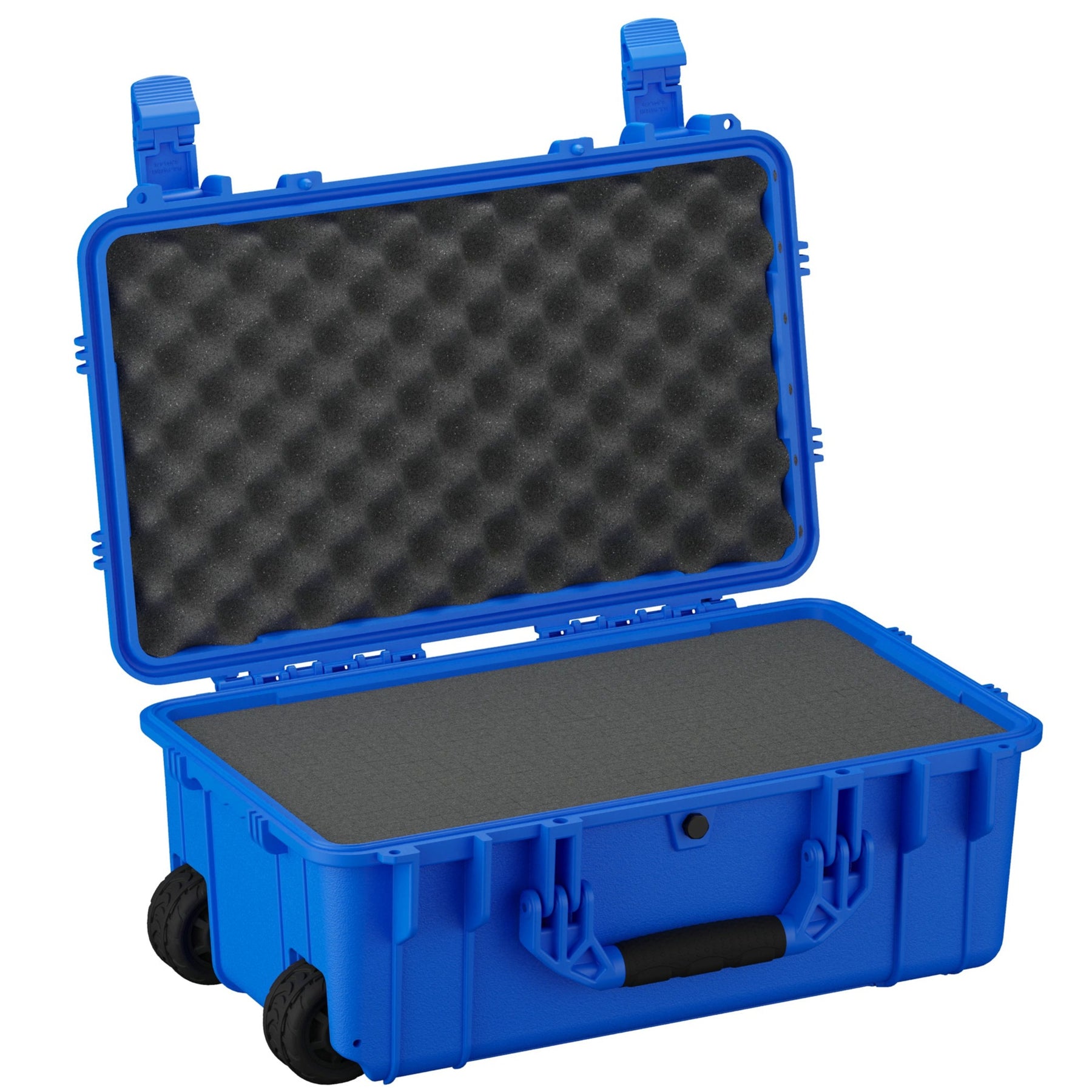 Blue rugged protective case, 22 inches, with open lid showing foam inserts, ideal for sensitive equipment, featuring wheels and sturdy handles for easy mobility.