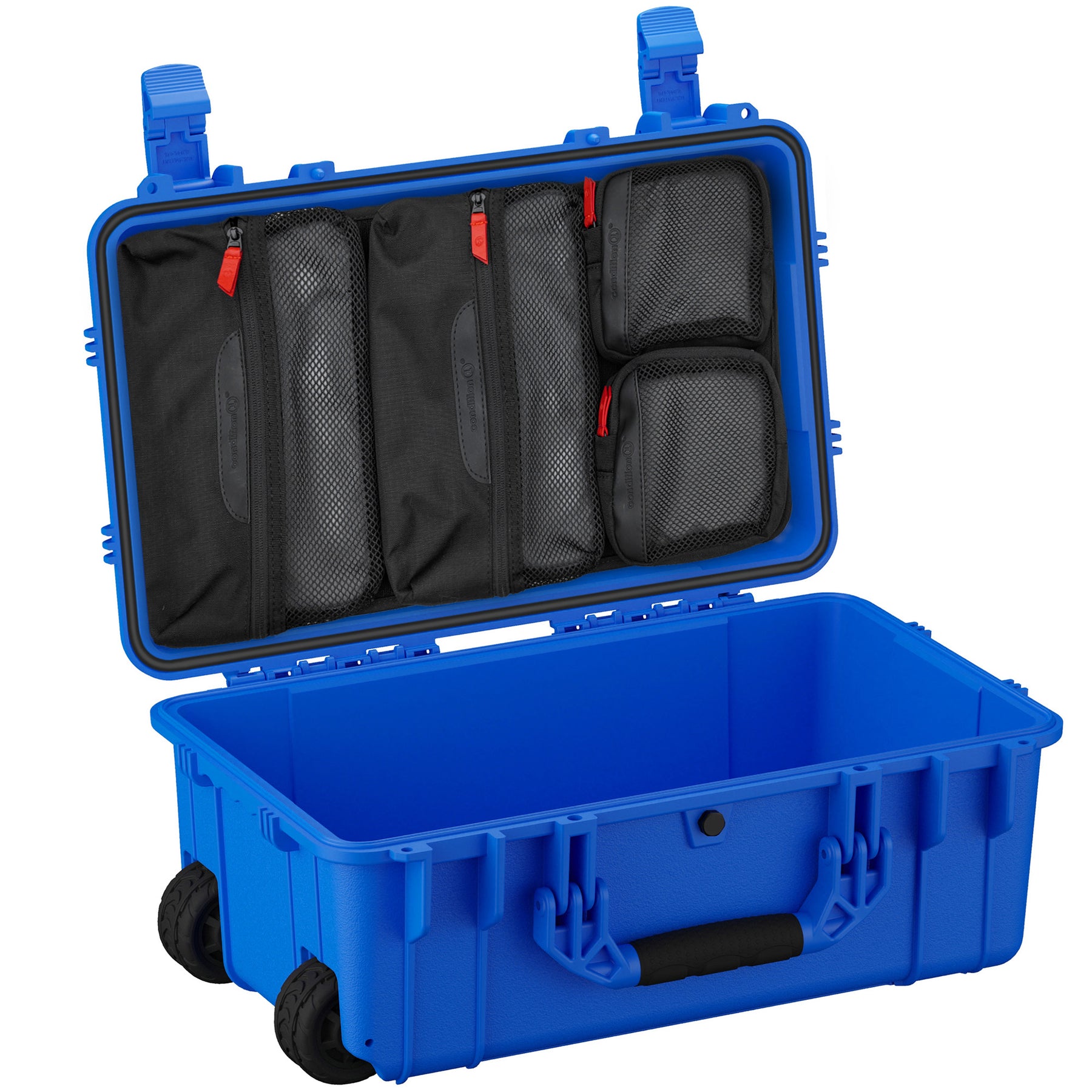 Blue 22-inch large case with interior compartments and black zippered mesh pouches, designed for storage and transport.