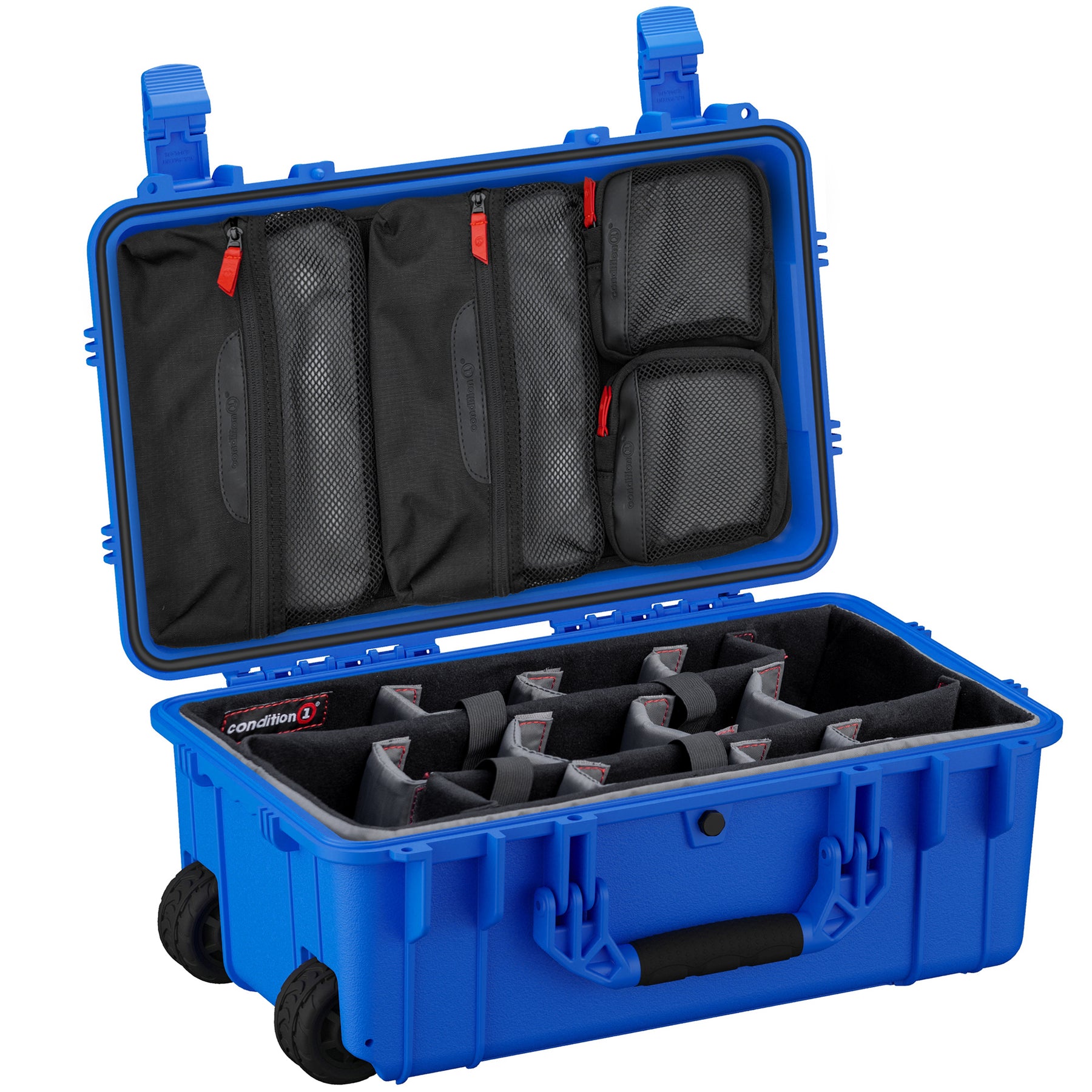 Blue 22" large case with interior compartments, adjustable dividers, and mesh pockets for organized storage.