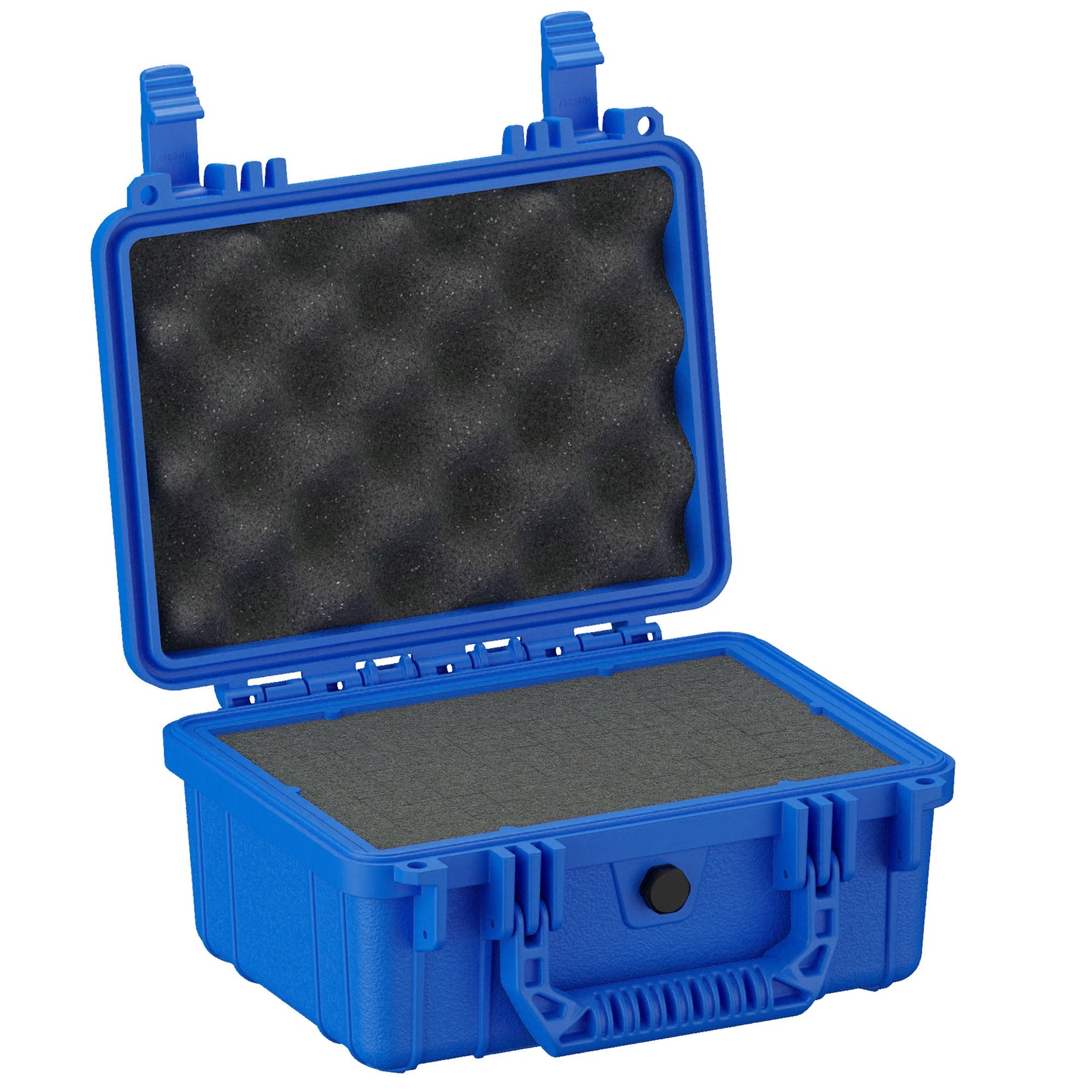 Blue rugged small protective case, 10 inches, with foam inserts, open and showing interior; ideal for cameras, tools, and delicate equipment.