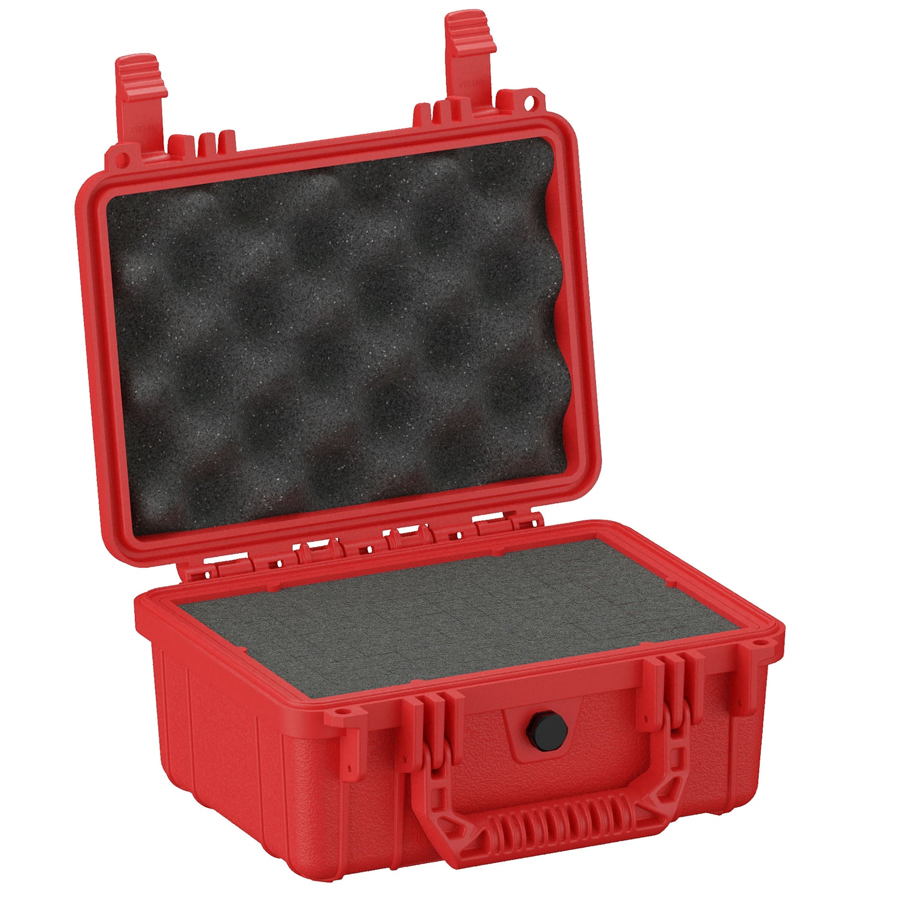 Red protective hard case, 10 inches in size, open to display foam padding on both halves, designed for securing and cushioning small items.